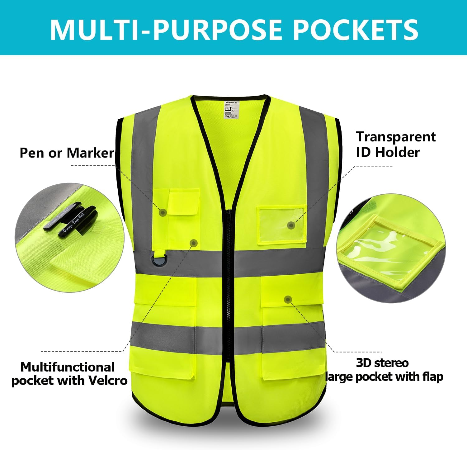 YUANVEST Hi Vis Vests for Men Women 5 Pockets,High Visibility Reflective Safety Security Vest,2-Inch Reflective Strip High Visibility Vest,Meets ANSI/ISEA Standards image number 7