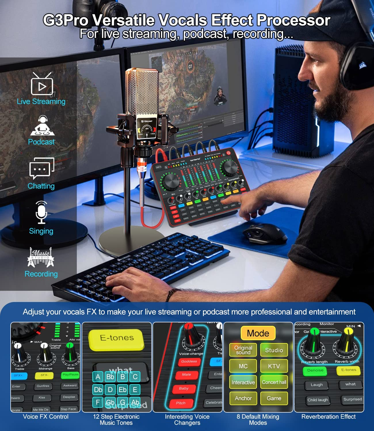 Podcast Equipment Bundle, Tenlamp Studio XLR-3.5 Cardioid Condenser Microphone & G3Pro Portable Audio Interface with Mixer and Sound Card Soundboard Voice Changer DJ Controller, All-In-One Podcast Mic Kit for Phone PC Live Streaming Podcast Recording Gaming Youtube Tik Tok Guitar image number 5