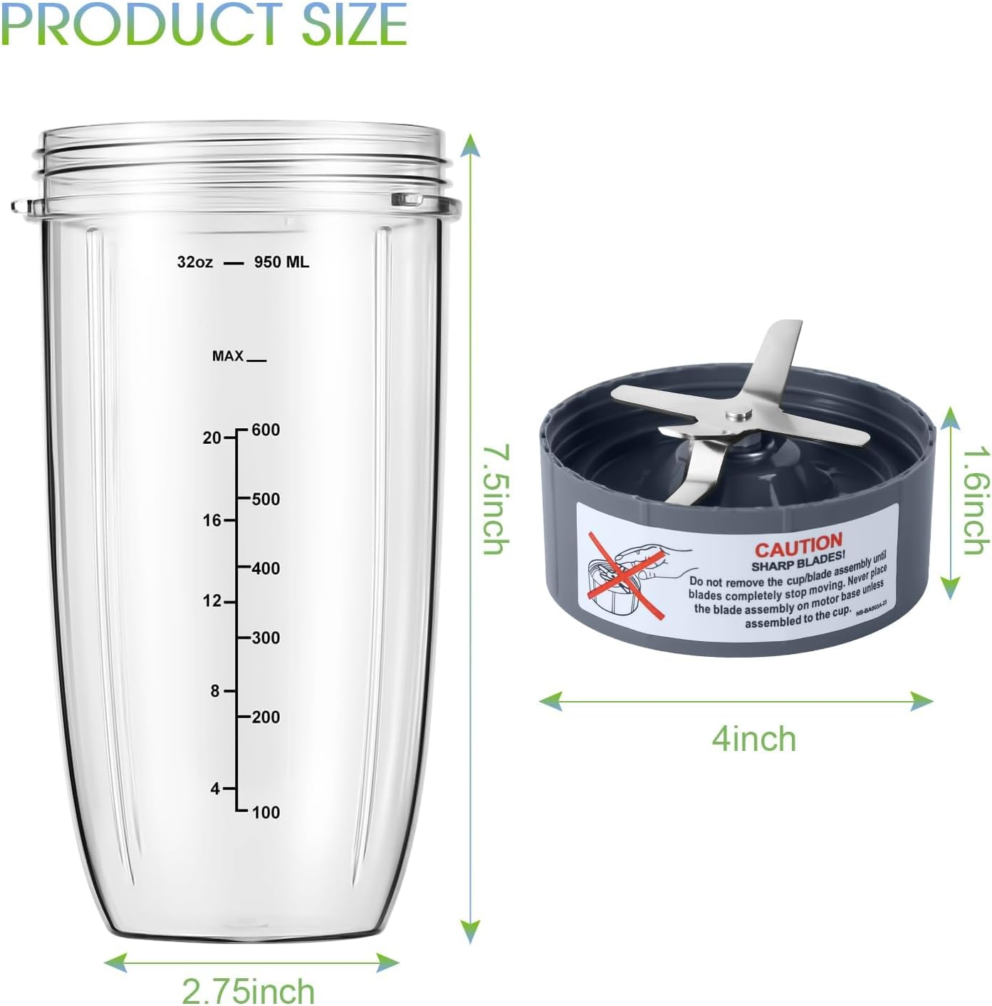 4-Piece Blender Cup and Blade Replacement Parts 32Oz Cup and Extractor Blade and 2 Rubber Gaskets Compatible with Nutribullet High-Speed Blender/Mixer System 600W/900W Series image number 5