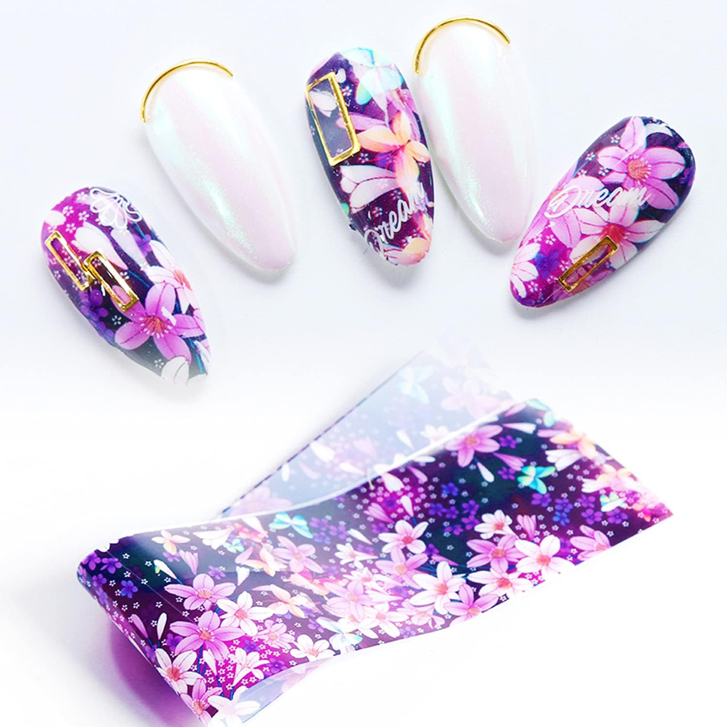 Flowers Nail Art Foil Transfer Stickers Decals, Holographic Pink Floral Nail Art Design, Nail Art Foils for Nail Transfer Glue Polish, Women Fingernails Toenails Acrylic Nails Decoration (10 Rolls) image number 5
