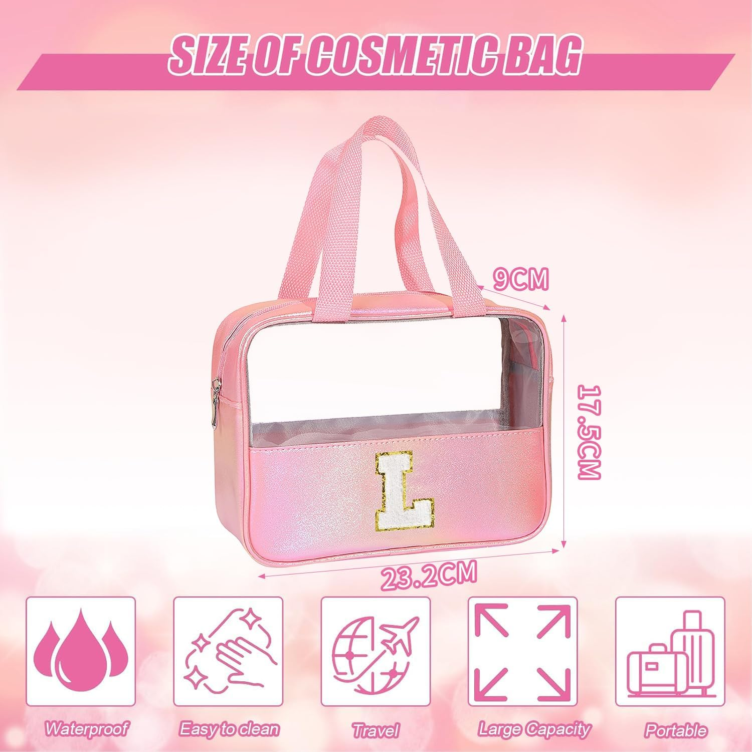 Personalised Transparent Cosmetic Bag, Pink Toiletry Bag, Travel Waterproof Toiletry Bag, Birthday Gifts for Girls, Women, Mothers, Best Friends and Bridesmaids, Letter V