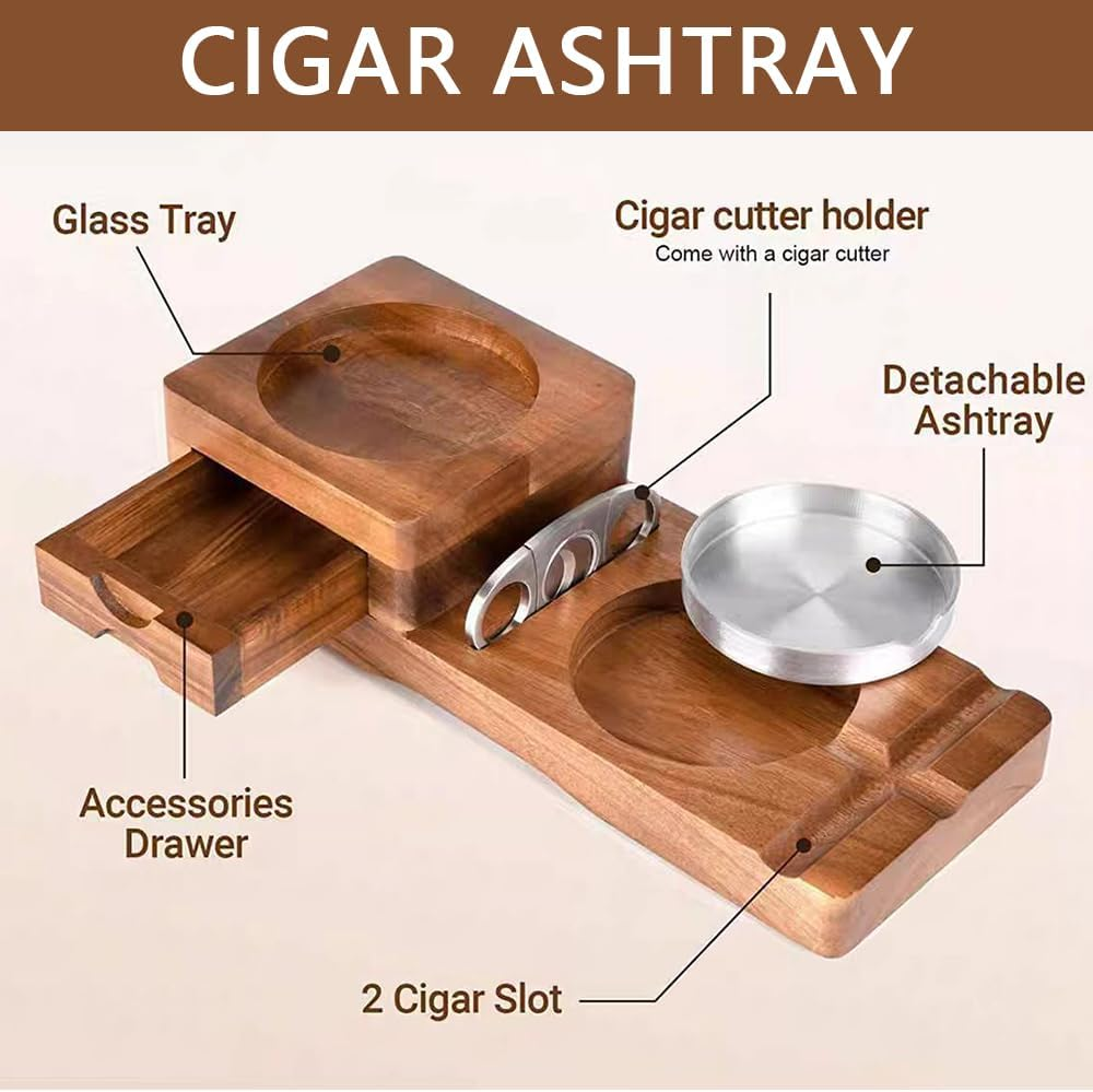 Cigar Ashtray Set with Whiskey Glass Holder &ndash; Wooden Ashtray with Steel Channel, Removable Drawer & Cigar Cutter, Classic Wood & Aluminum Cigar Accessories for Home & Office image number 4