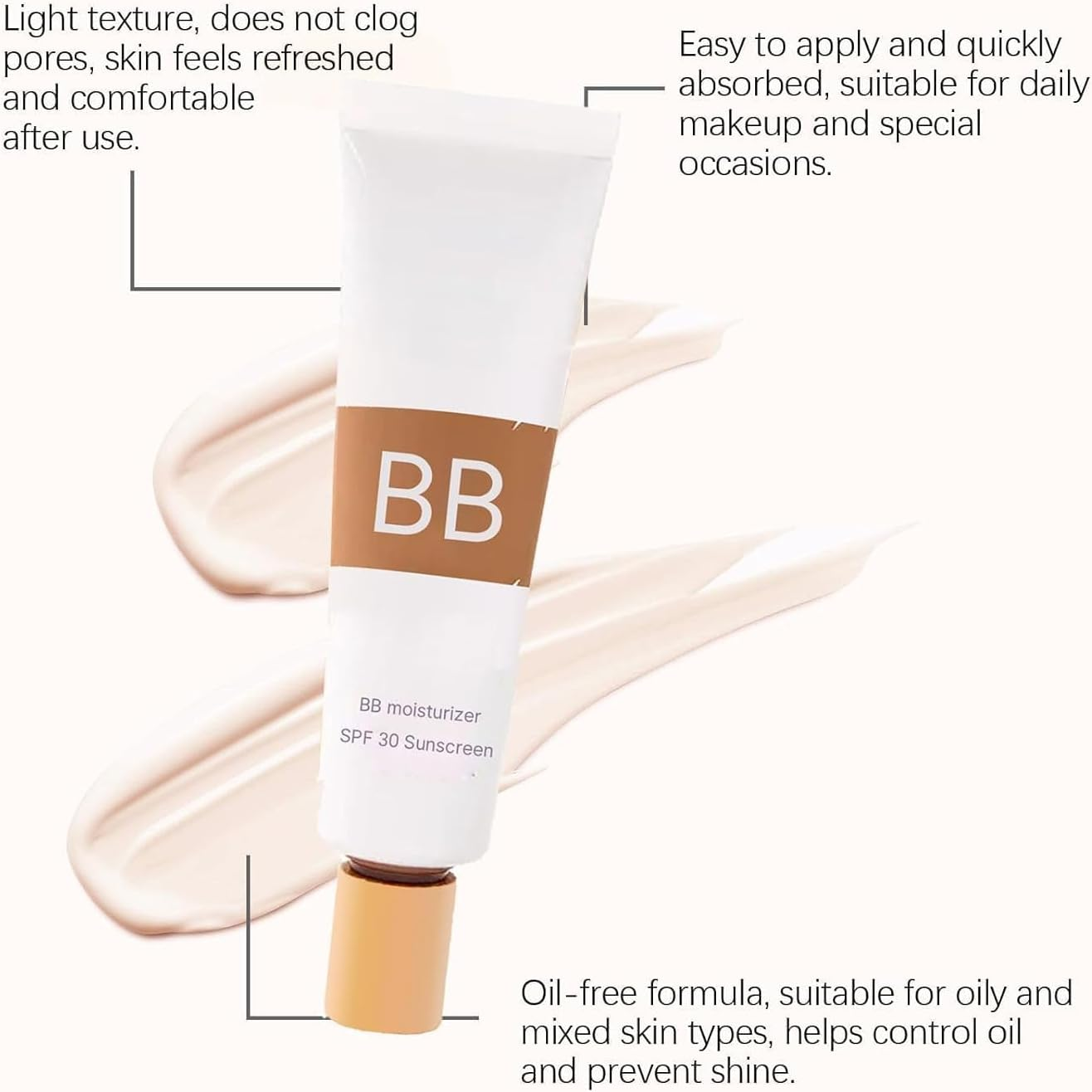 Bb Blur Tinted Moisturizer Spf 30, Bb Cream Tinted Moisturizer, Smooths Moisturizing Coverage Foundation Cream with Brush, Full Coverage, Oil-Free, Light, Hydrates (2Pcs-Natural) image number 4