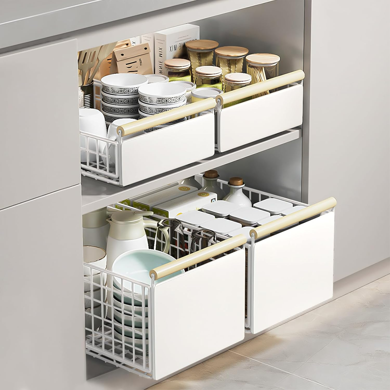 2 Pack Large Foldable Pull Out Cabinet Organizer with Wooden Handle, Slide Out Drawers for Cabinets, Peel and Stick, Heavy Duty Shelves for Kitchen, Cupboard, Pantry (2Pack Large) image number 3