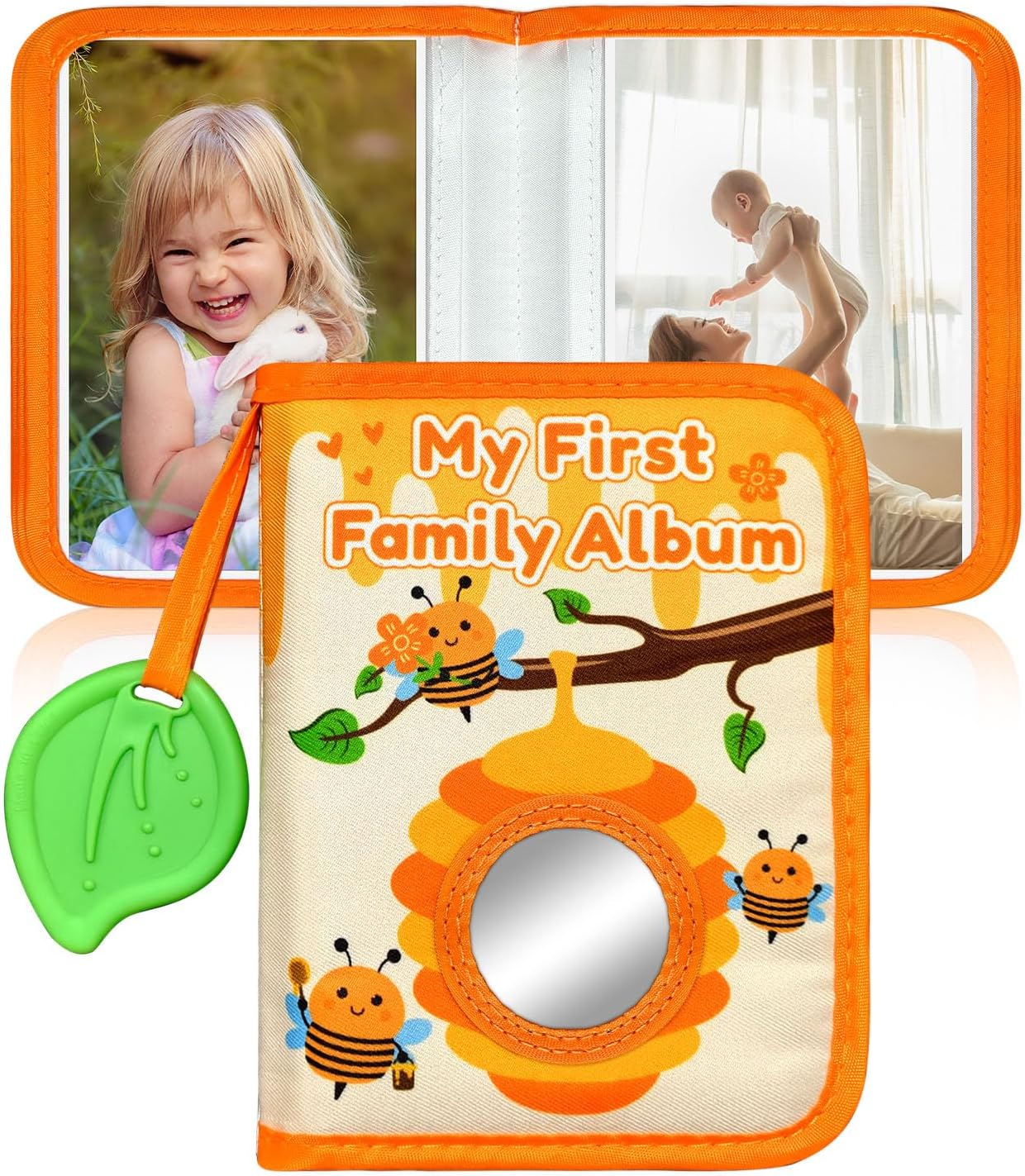 My First Photo Album for Baby, 18|4X6" Baby Photo Book with Soft Cloth Cover & Safety Mirror, Toddler Baby Family Photo Book for Newborns Baptism Birthday Gifts, Yellow Bee - Smiley Face image number 3