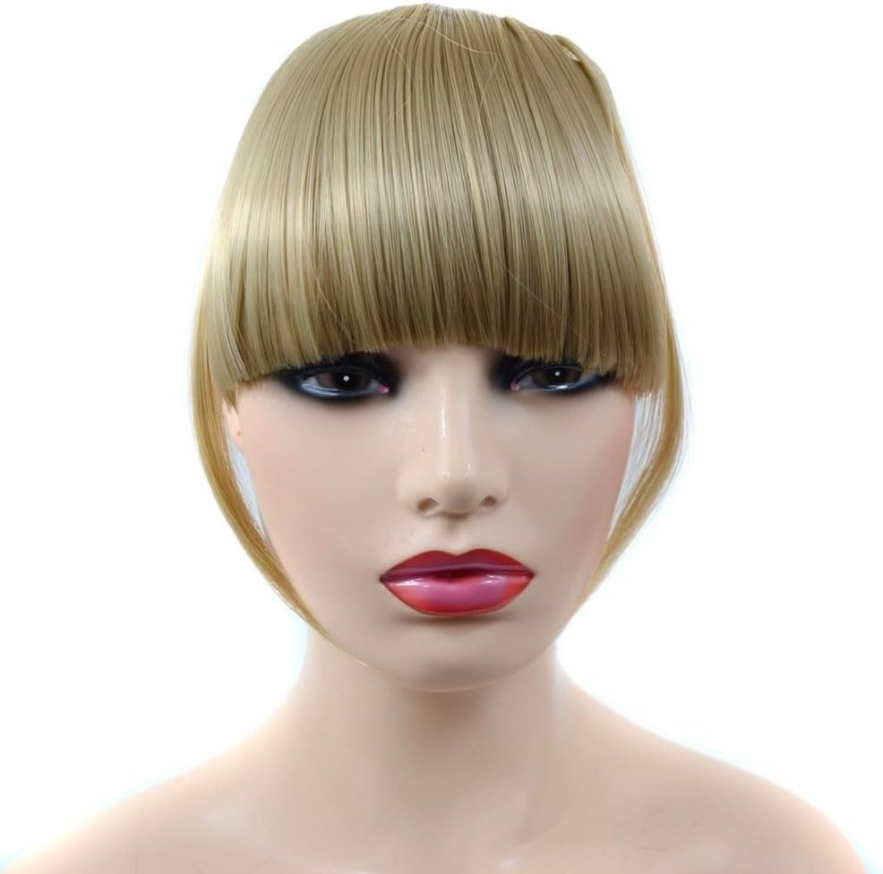 Ash Blonde Bangs Hair Clip Extension French Bang Clip in Thick Natural Full Front Neat Bangs Straight Fringe Bang with Temples One Piece Hairpiece (Ash Blonde) (Golden) image number 1