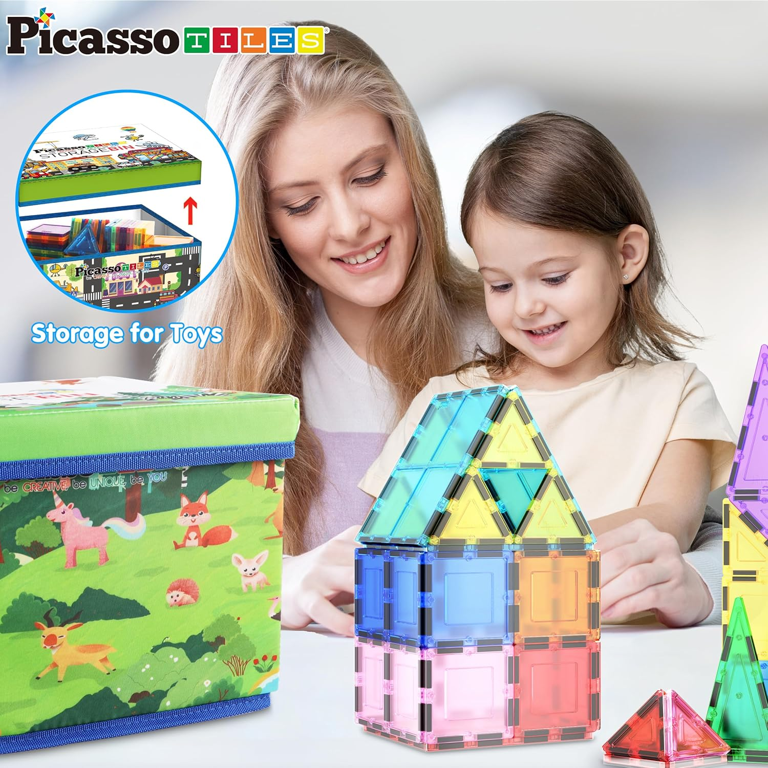 Picassotiles Foldable Toy Storage Chest Box Forest Animal Theme Magnet Tile Organization Bin with Lid and Handles Magnetic Tiles Playroom Organizer STEM Early Educational Toys Boys Girls Ages 3+ PTA34 image number 5