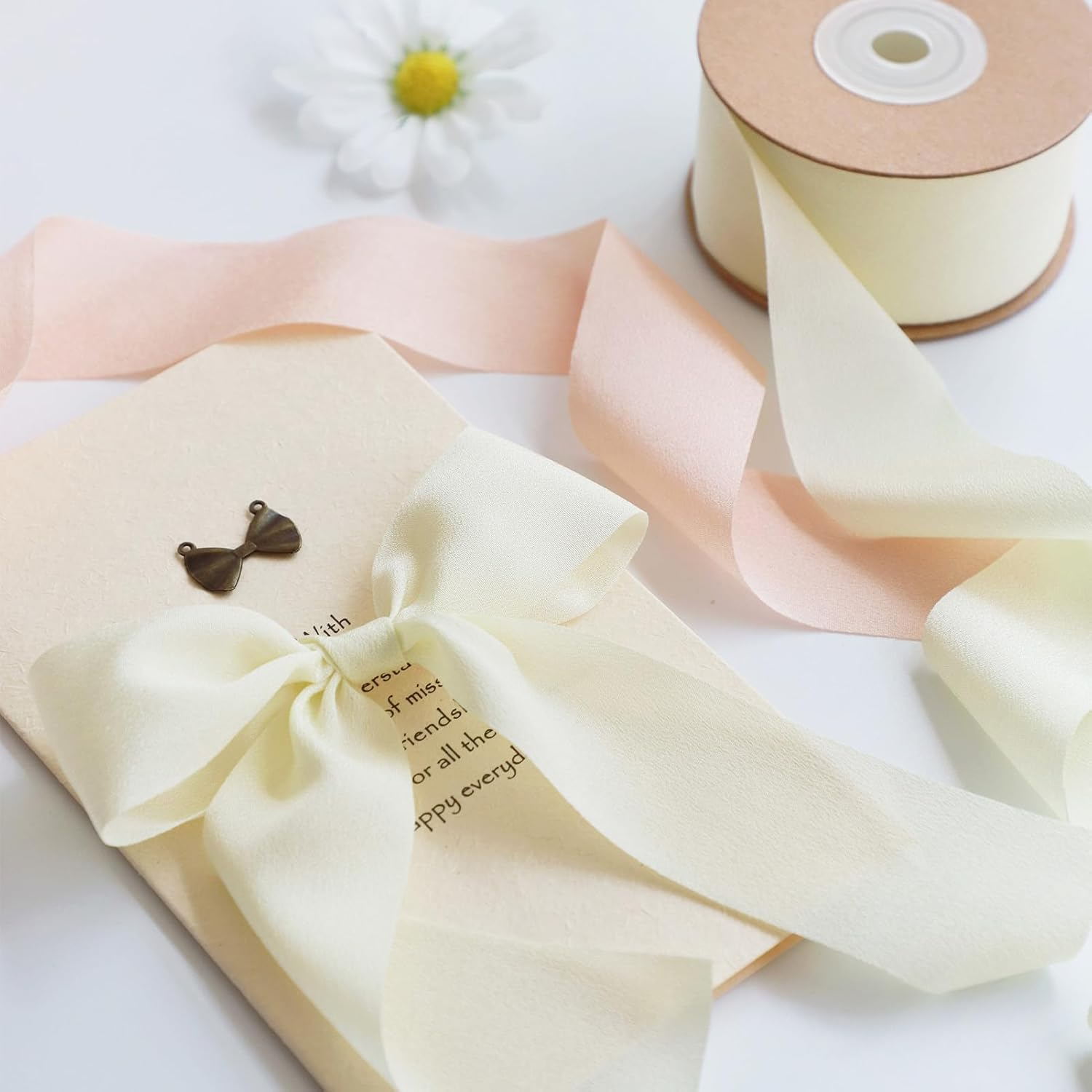 Ribbon, Grosgrain Beige Chiffon Silk Ribbon Wide,1.5 Inch X 25 Yd Ribbons for Gift Wrapping Sewing Ribbons Wedding Decorations Cream image number 6