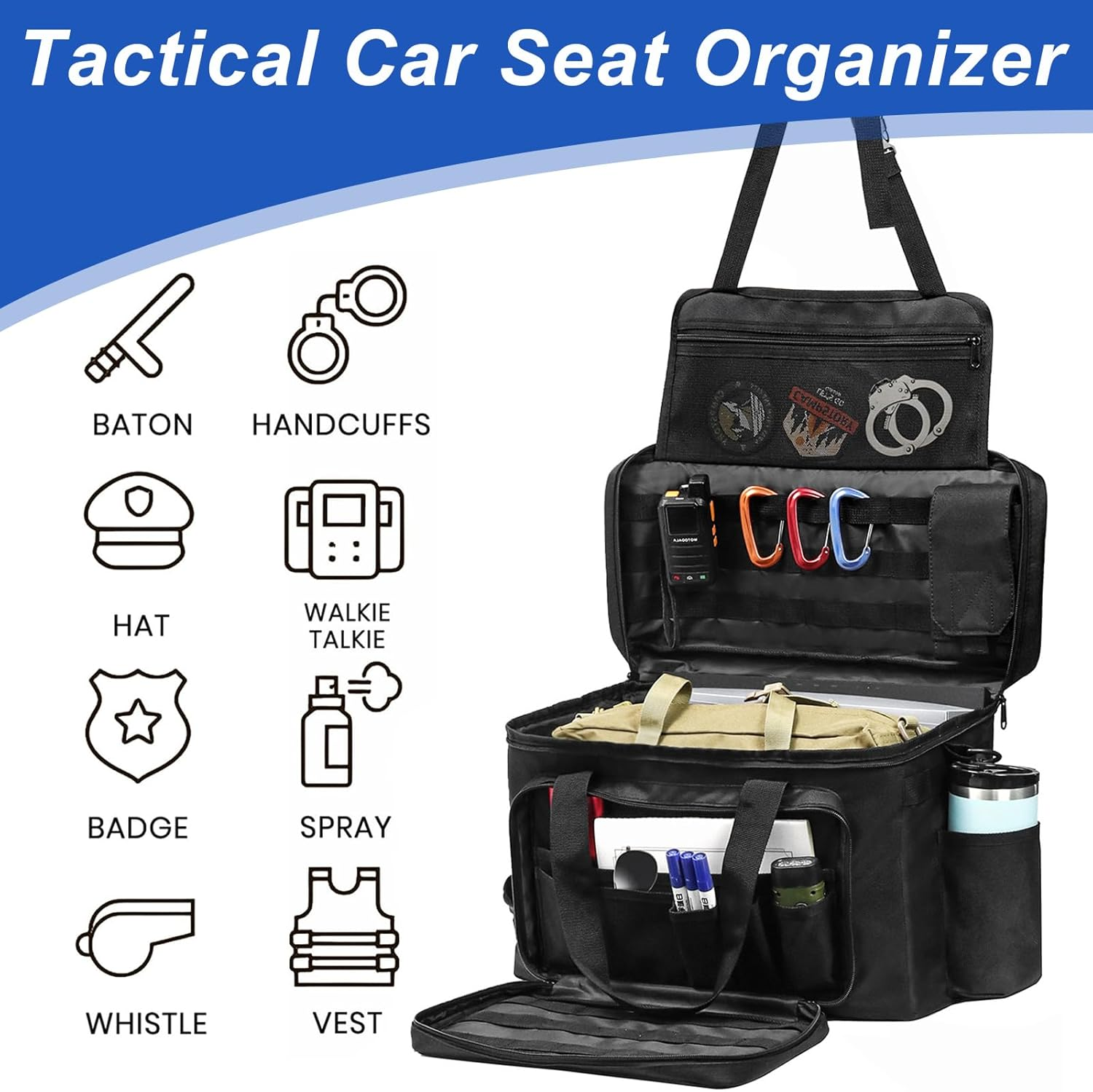 Car Organizer, Tactical Car Seat Organiser with Molle Panel, Adjustable Shoulder Strap, Practical Multi-Pockets Vehicle Folding Patrol Storage Bag image number 1