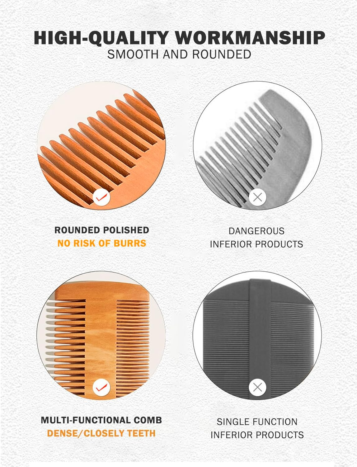 Rolxmed Wooden Beard Comb for Men Wide/Fine Close Teeth, Eco-Friendly Natural Peach Wood, Smooth, Lightweight, Portable for Travel (Set_1, 3 Pieces) image number 2