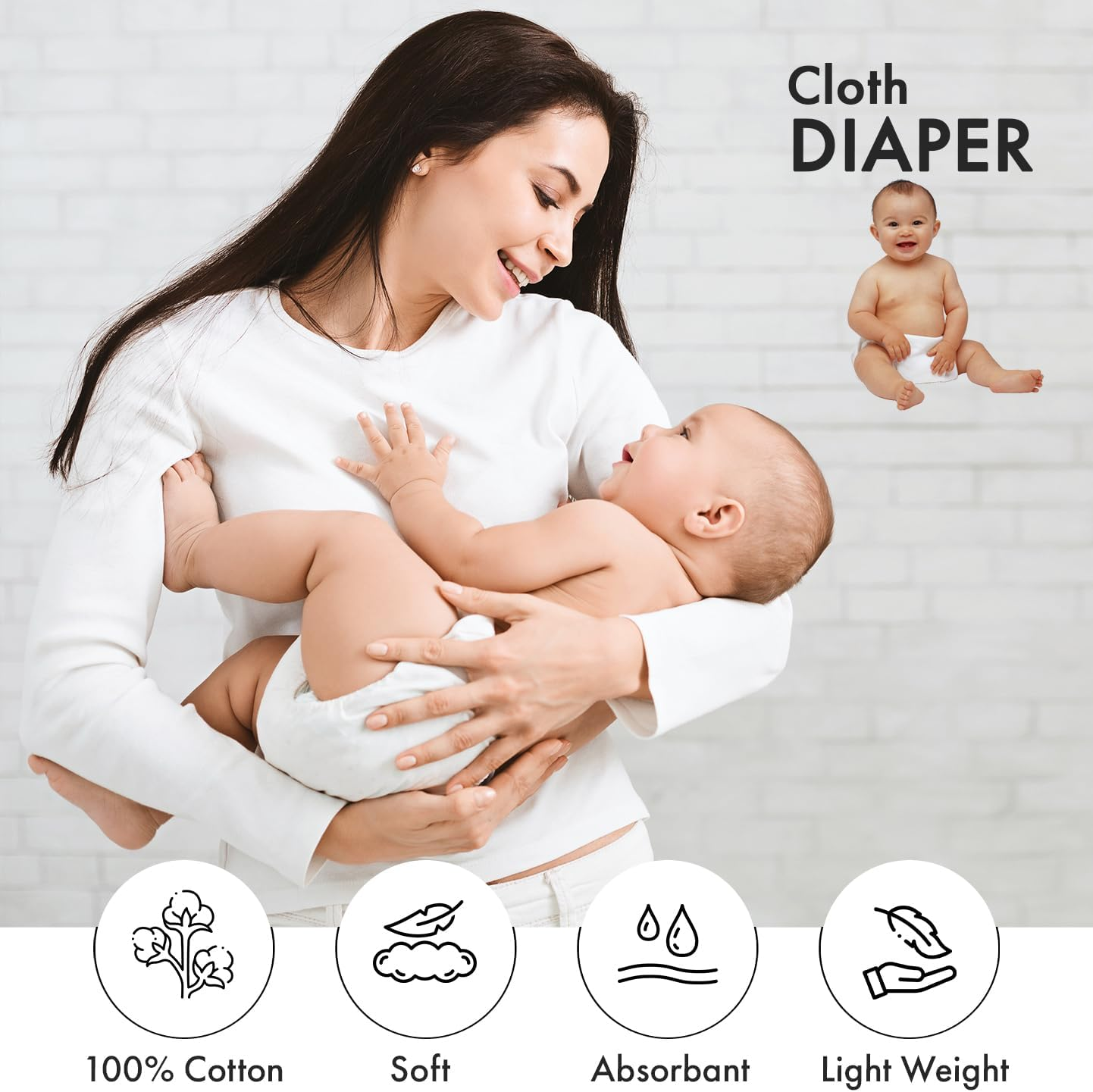 Ruvanti Cloth Diapers 100% Cotton Burp Cloth/Reusable Diaper Large 24X24" image number 3