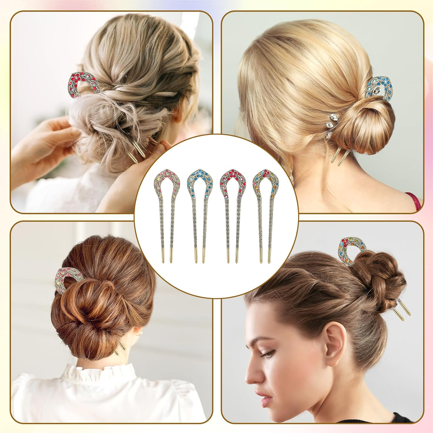 Sibba French Hair Pins 4 Pcs U Shape Hair Fork Pins Chopsticks Hairpins Picks Metal Hair Sticks Hairclips Vintage Long Hair Hairstyle Accessories for Bun Braids Women image number 3