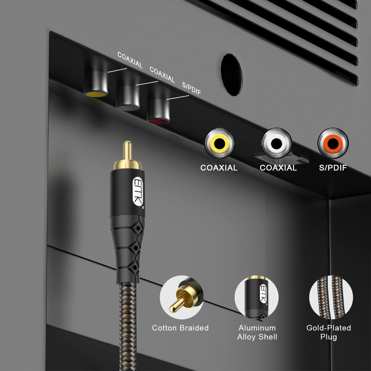 EMK RCA to RCA Subwoofer Cable &ndash; 24K Gold-Plated Connector Nylon Braided Double Shielded Audio Cable Digital&Analog Signal Support for Amplifiers Subwoofer Home Theater Hi-Fi Systems Black/50Ft/15M image number 1