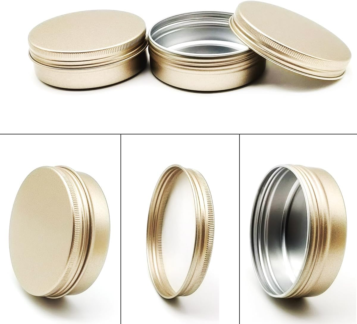 Wopanxye Aluminum Tin Cans, 6Pcs 100Ml/3Oz Metal round Storage Tin, 100Gram Makeup Sample Container, Empty Travel Tins for Candle, Salve, Cosmetics, Face Cream, Lip Gloss Balm, Paints, Tea, Matte-Gold image number 3