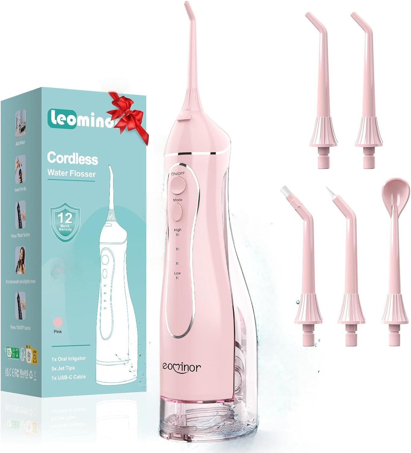 Leominor Water Flosser Pick for Teeth, 300ML Portable Oral Irrigator Upgraded Tank Removable,Ipx7 Waterproof, Rechargeable Travel Teeth Cleaner, Professional Electric Flossing Machine (Pink) - O-Green image number 5