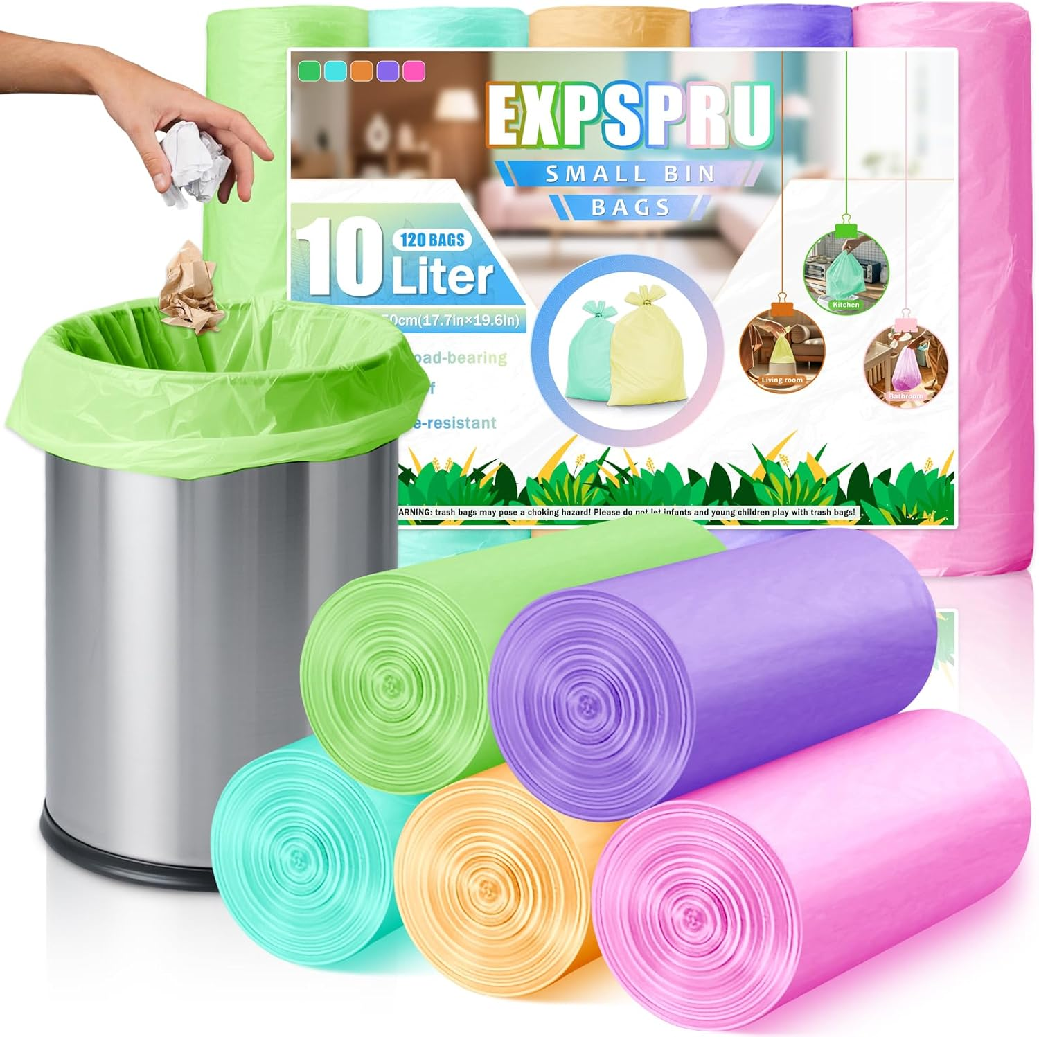 Small Compostable Bin Liners 3 Gallon Garbage Bags 120 Count,10L Bin Bags Biodegradable Trash Bags for Bathroom Office Bedroom,Colorful image number 4