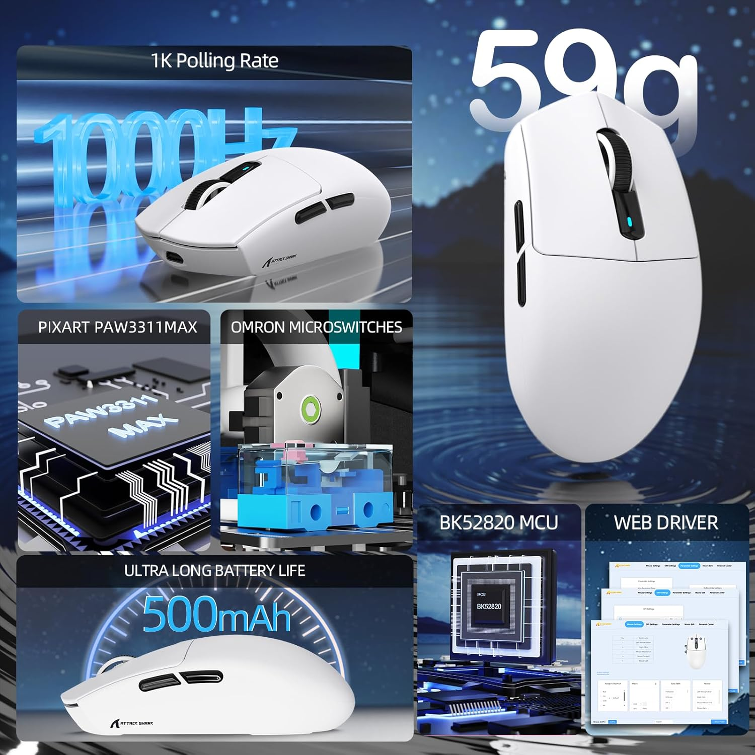 ATTACK SHARK G3PRO Wireless Gaming Mouse with RGB Charging Dock,2.4G/Usb-C Wired/Bt PAW3311 Optical Sensor 1K Polling Rate Adjustable 25K Dpi,500Mah Battery Ultra Lightweight 59G Mice (White) - Berry Red image number 5