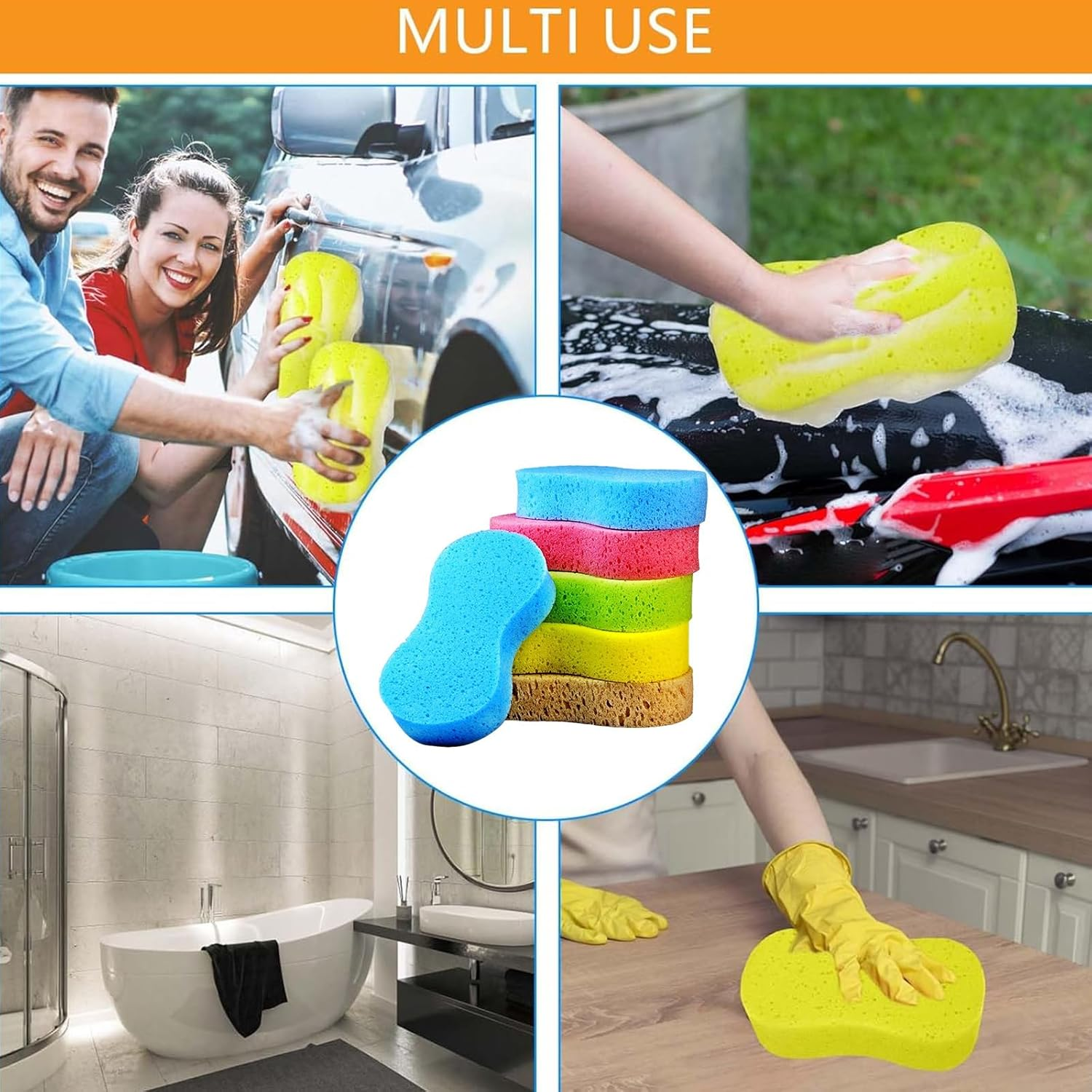 4PCS Large Car Wash Sponge, 8-Shaped Super Absorbent Sponges for Auto Cleaning, Non-Scratch Reusable Sponges for Car, Truck and Boat Washing, Random Colours, Compressed Packaging image number 5