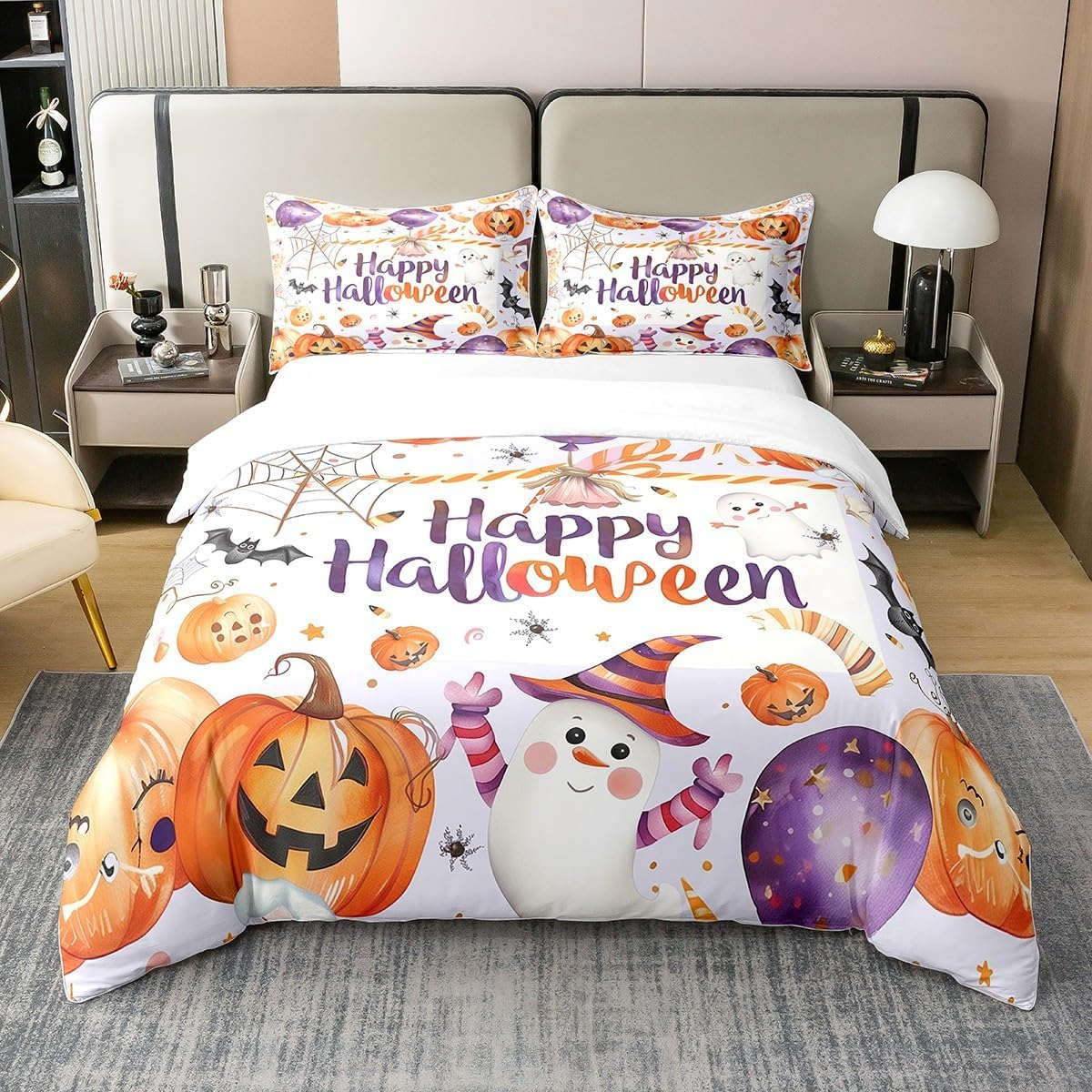Manfei Happy Halloween Cotton Duvet Cover 3 Pcs King Size,Cute Ghost Pumpin Bat Spider Web Bedding Set for Kids Teens,Orange Purple Starry Balloons Halloween Comforter Cover(No Filler) image number 1