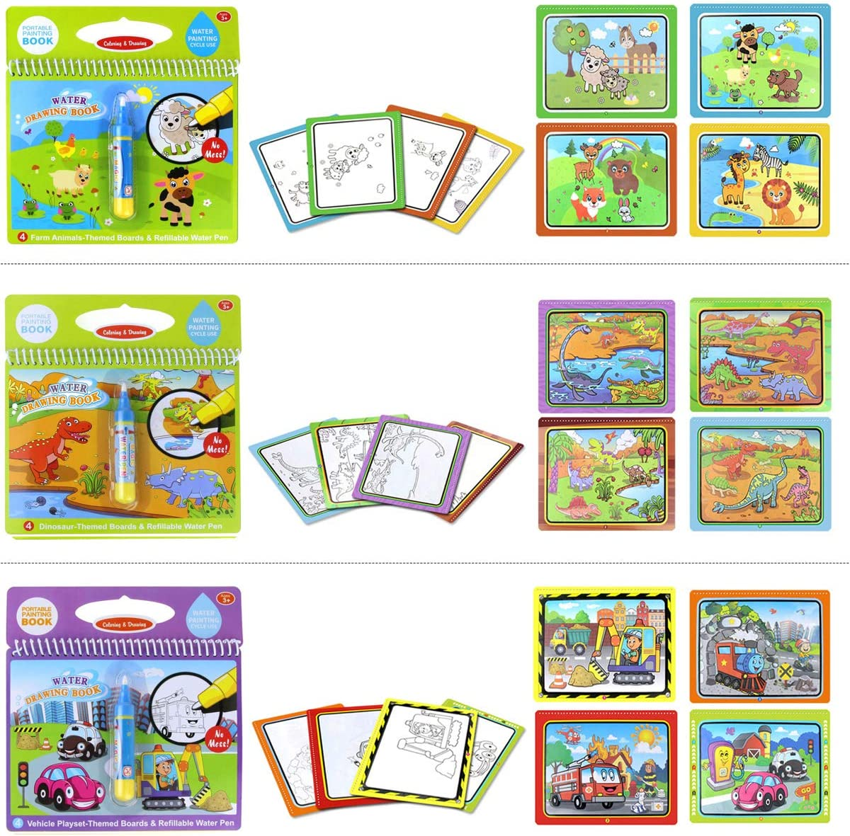 Jenilily Water Coloring Books with Pen Painting Board for Children Drawing Toy (Dinosaur & Cartoon Animal & Vehicle) image number 6