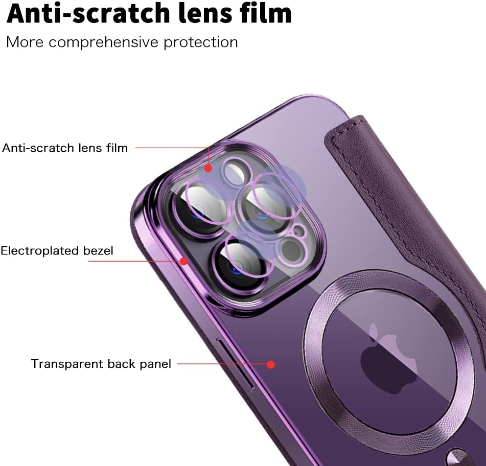 SIYOPINPFY Case for Iphone 13 Pro Max [Compatible with Magsafe] Wallet Flip Case with Card Slot RFID Lock Shockproof Protective Case Back Transparent Mobile Phone Case for Iphone 13 Pro Max, Purple JD