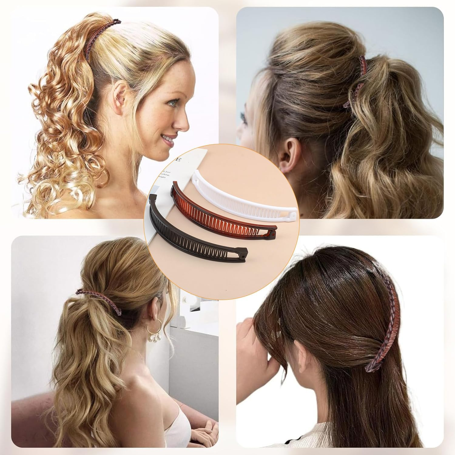 Pack of 3 Banana Clip Large, Banana Clip Hair Accessories, Fishtail Hair Combs Ponytail Banana Clips, Hair Accessory for Women and Girls, for Ponytail, (Brown, Black, White) image number 4