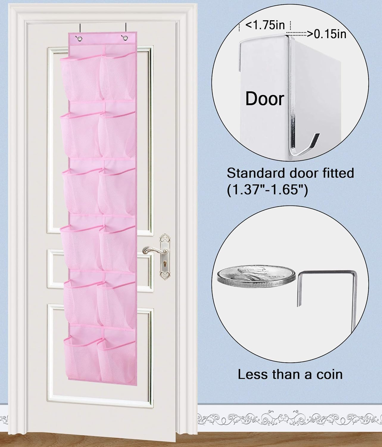 MISSLO Kids over the Door Shoe Organizer Baby Hanging Shoe Rack Narrow Closet Storage Bags with 12 Mesh Pockets for Girl Women Men Toddler Nursery, 2 Packs, Pink image number 5