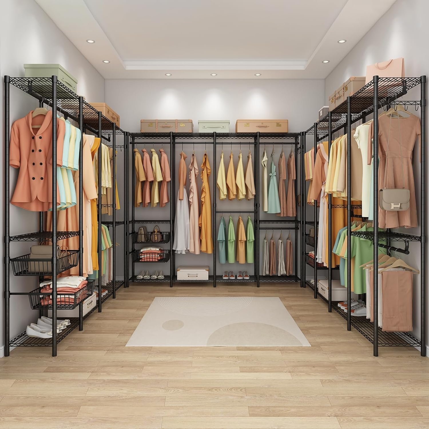 Clothes Rack Heavy Duty Clothes Rails, Metal Garment Rack Freestanding Portable Wardrobe Closet Rail with 2 Slid Baskets for Hanging Clothes Wire Clothing Rack, 192.5 X 45 X 195 Cm, Black image number 2