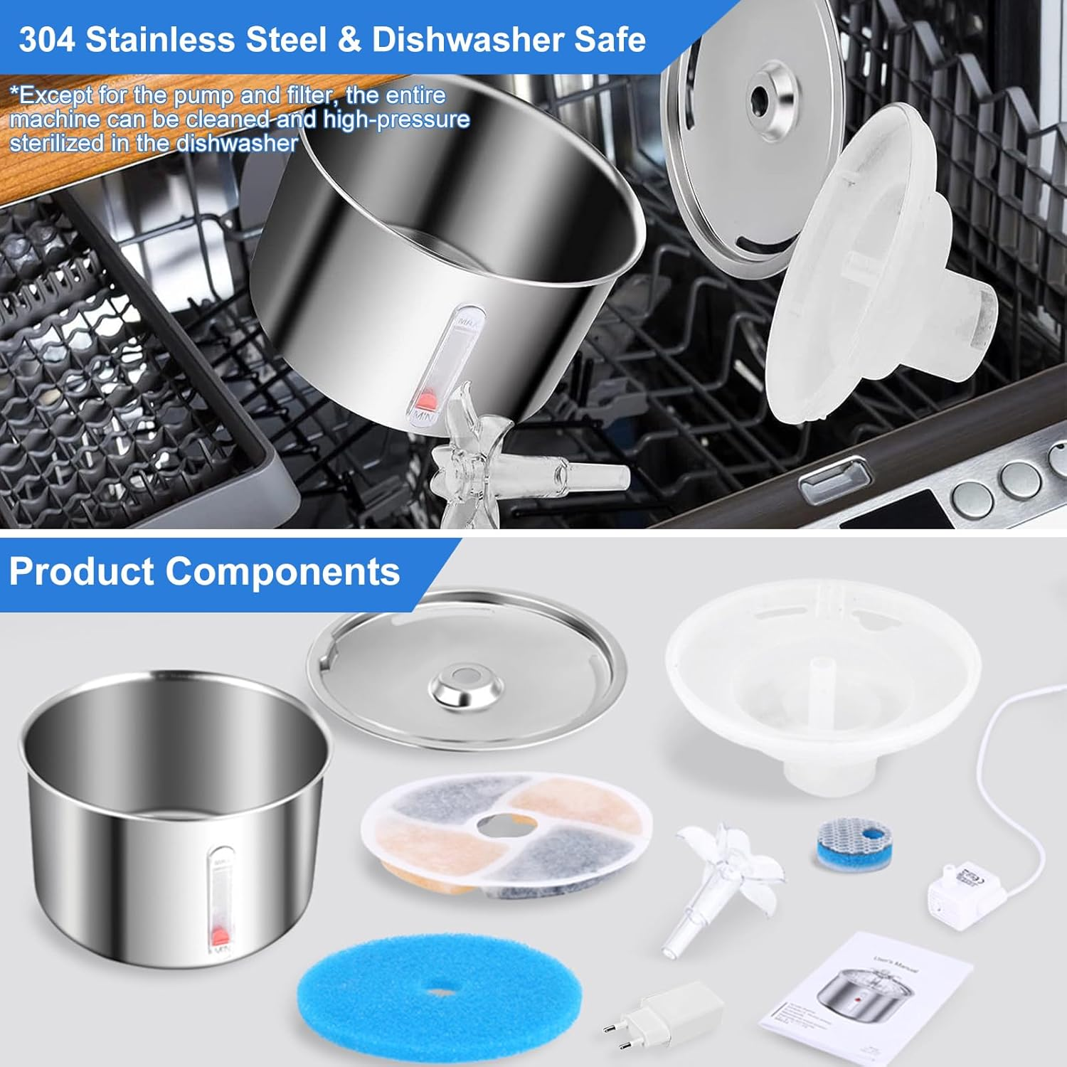 Undres 2L Cat Fountain, Drinking Fountain for Cat, Pet Fountain, 304 Stainless Steel Material, Activated Carbon Filtering, Use of a Silent 5V Low Pressure Water Pump, USB Powered Interface image number 1