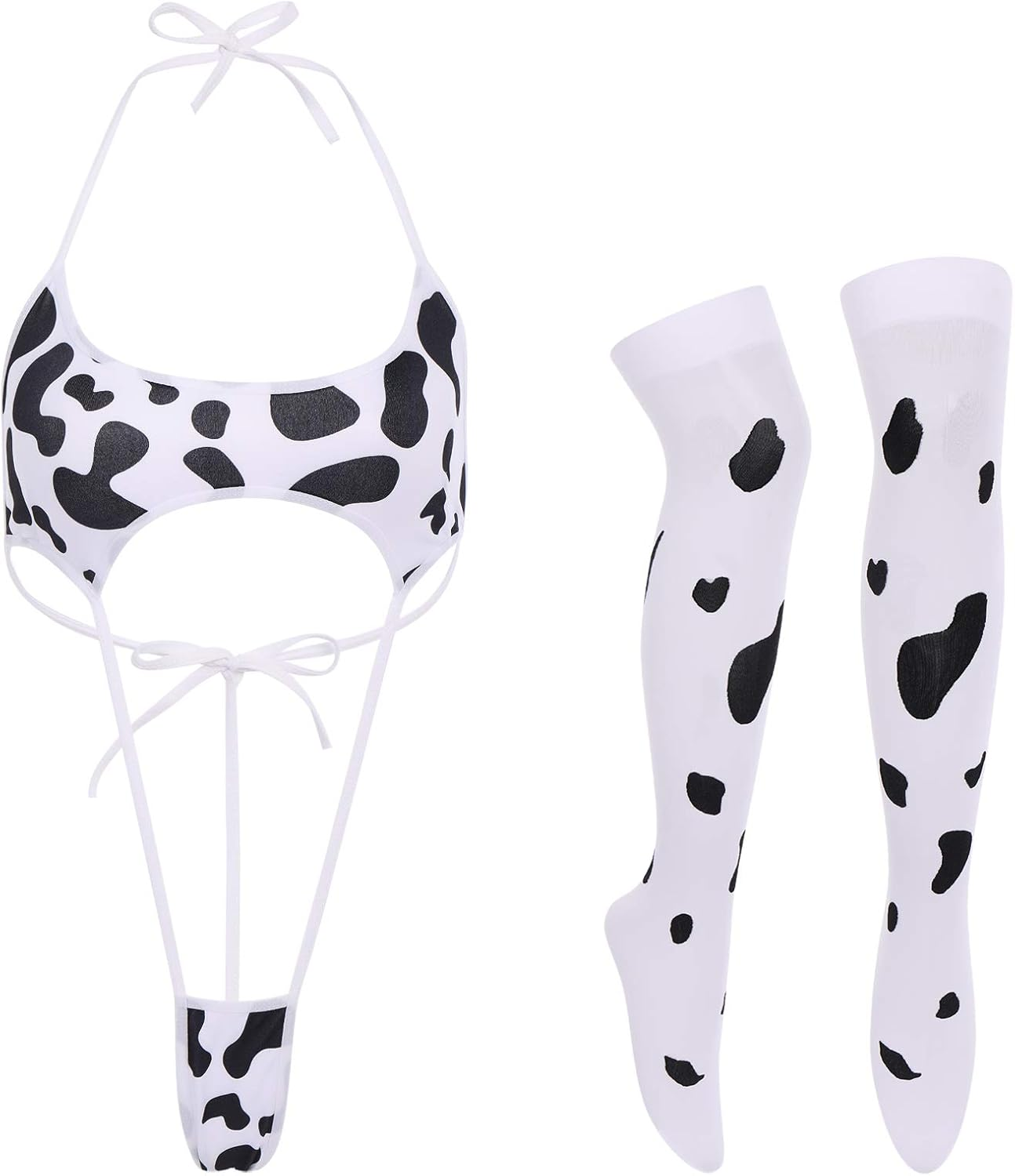 FYMNSI Women Sexy Milk Cow Lingerie Set Anime Maid Cosplay Costume Mini Bikini Bra Bodysuit with Bell Choker Stockings Outfit
