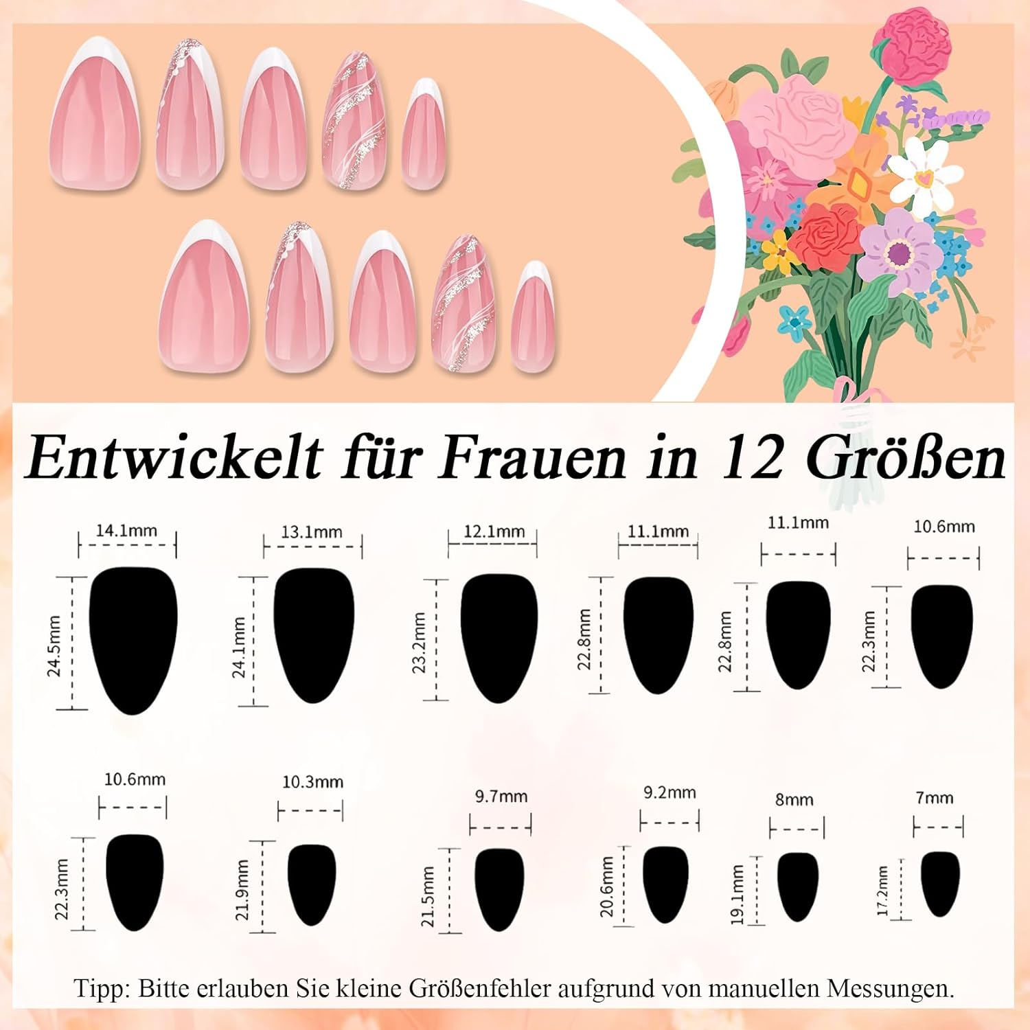 Virellay Almond Fake Nails, Artificial Fingernails, Press on Nails Almond (French with Glitter Line, 24 Pieces) image number 2