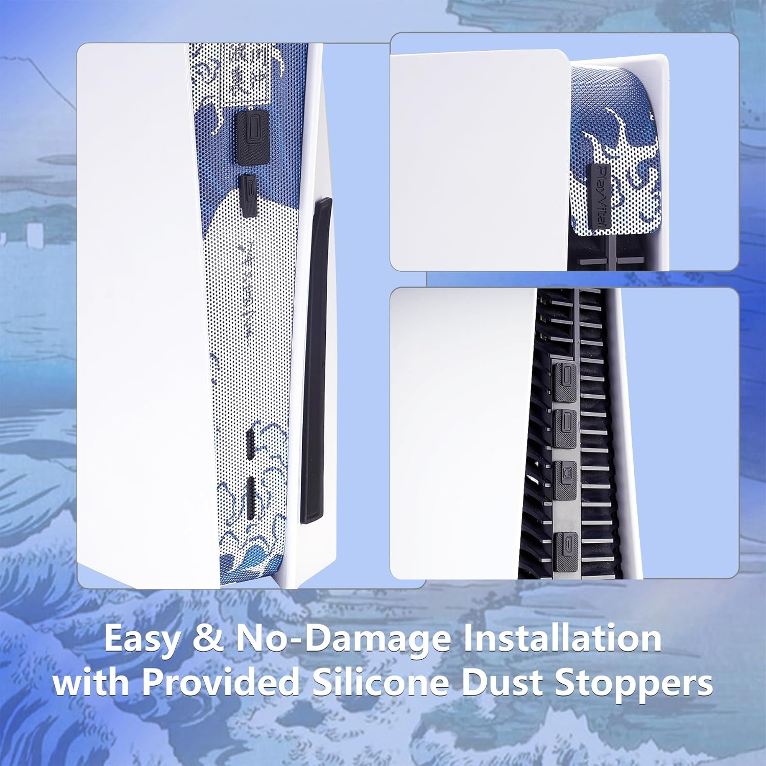Playvital Dust Filter and Port Plug Set for Ps5 Disc & Digital Console Breathable Anti-Dust Cover Net with 12 Silicone Plugs, Easy-Install Dust Proof Kit for Ps5 Accessory-The Great Wave off Kanagawa - Cherry Blossom Whisper image number 6