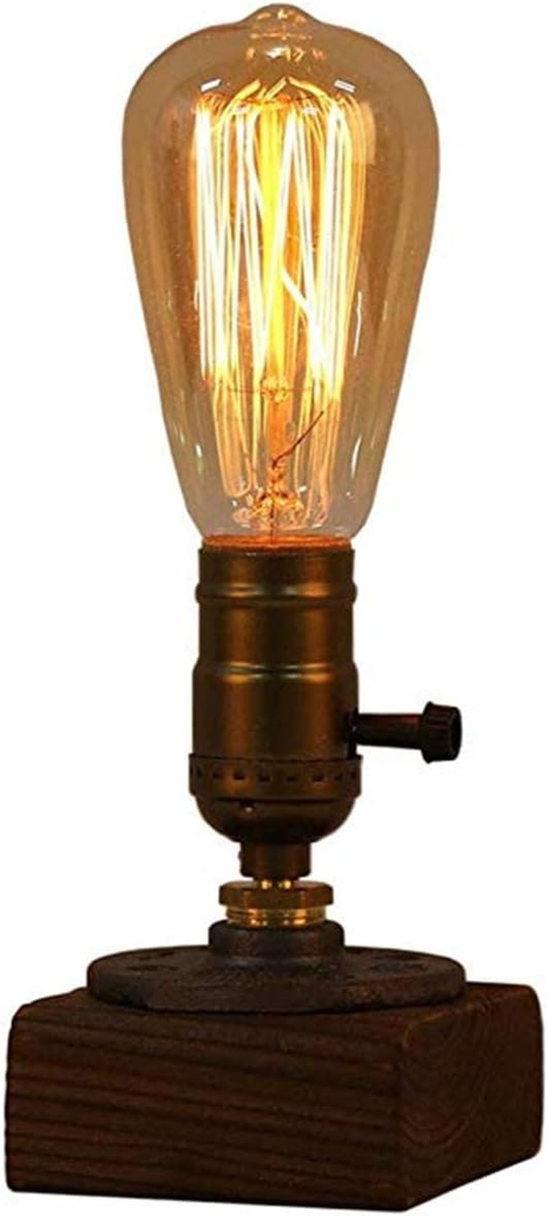JINYU Weathered Wood Night Light Table Lamp Vintage Desk Lamp E26/E27 Edison Bulb Wooden Base Retro Industrial Steampunk Iron Pipe Flange Dimmable Nightlight for Bedroom Living Room Home Art Display image number 2
