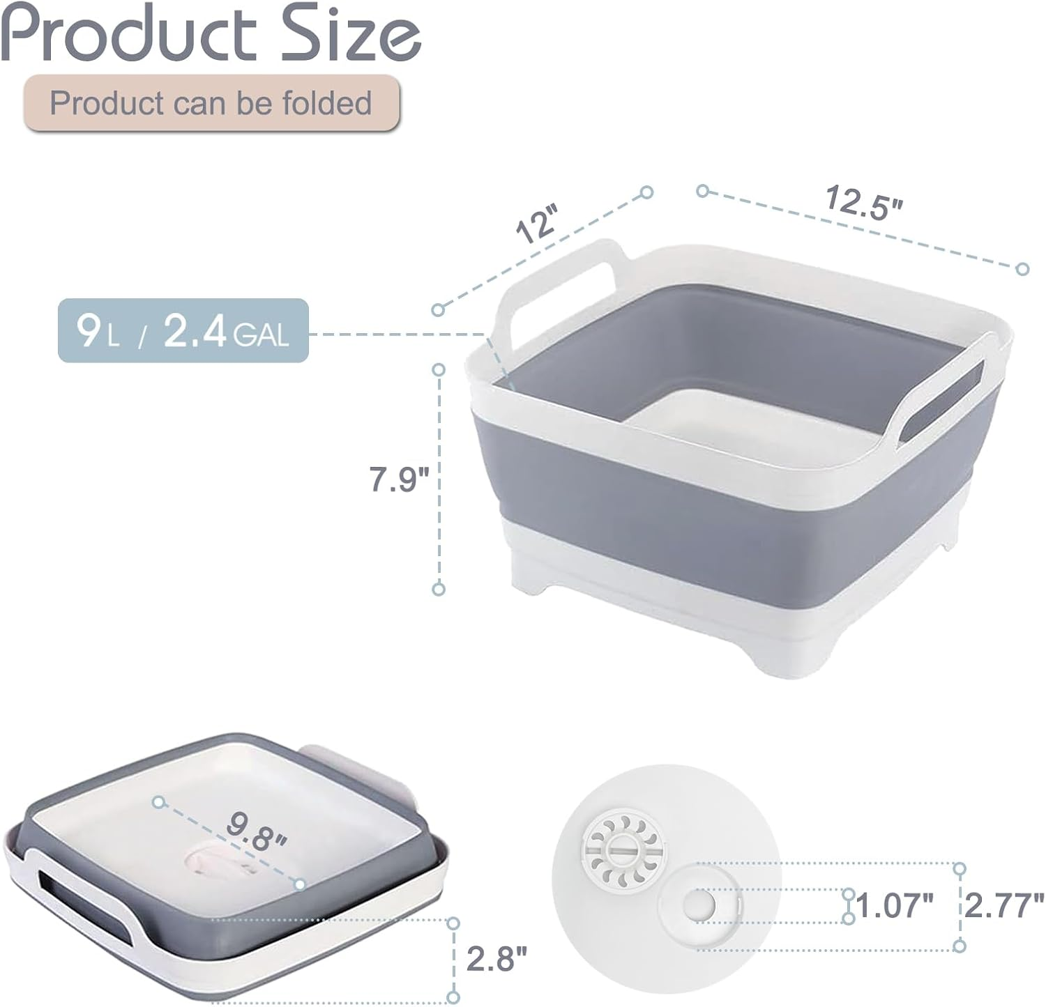 2.4 Gal(9L) Collapsible Dish Basin with Drain Plug, Space Saving Outdoor Multiuse Foldable Sink Tub, Dishpan, Kitchen Storage Tray for Camping, Vegetable Washing, RV image number 5