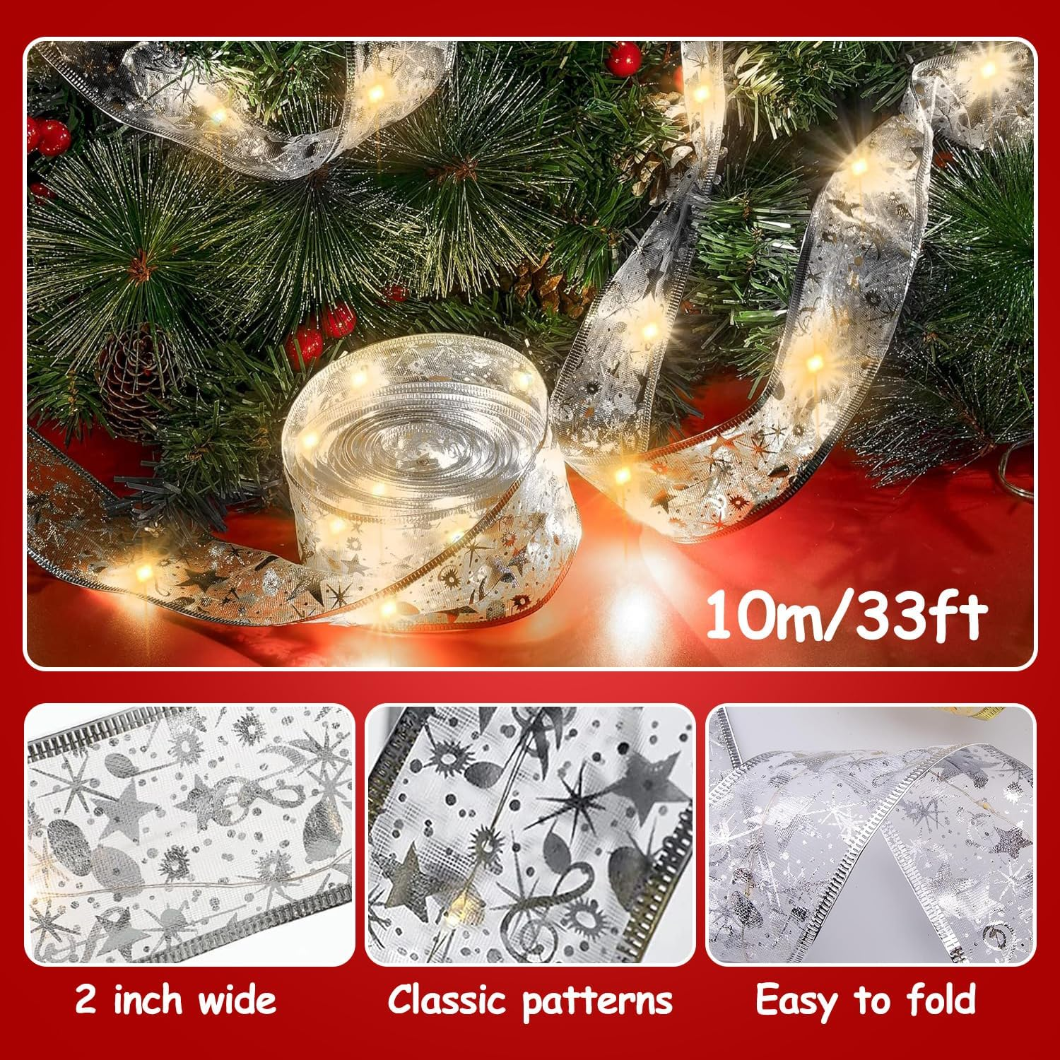 Christmas Tree Lights 10 M/32.8Ft 100 LED Fairy String Lights Battery Operated Copper Wire Ribbon Bows Light for Party Wedding Holiday Indoor Outdoor Decorations (Silver) image number 3