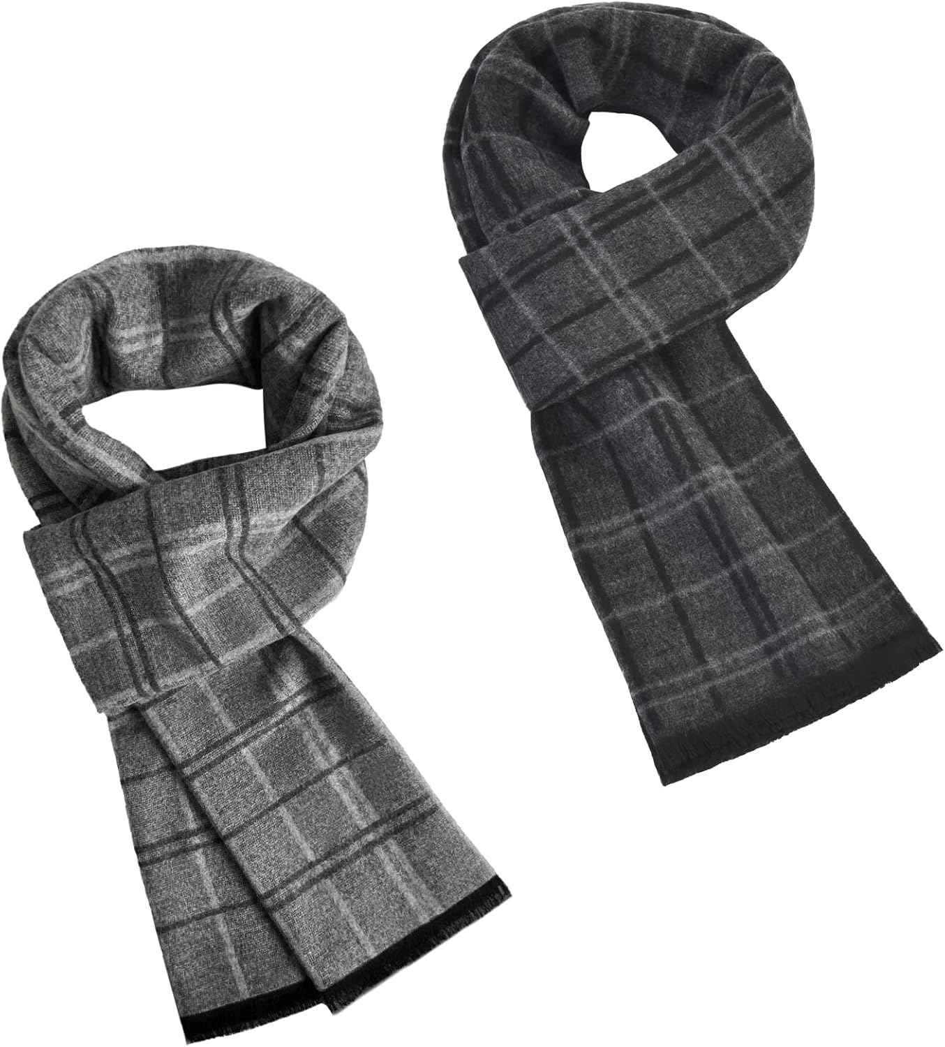 2 Packs Cashmere Feel Winter Scarf for Men, Soft Warm Black Grey Plaid Stripe Mens Scarf Set Selection Husband Father Gift