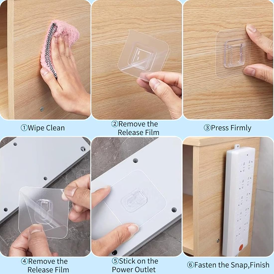 OIXEYA 10 Pairs of Magic Hooks, Adhesive Hooks, Transparent, Double-Sided, Multifunctional, Wall Mounting, No Drilling, Water and Oil Resistant, Removable, Suitable for Kitchen, Bathroom, Living Room image number 2