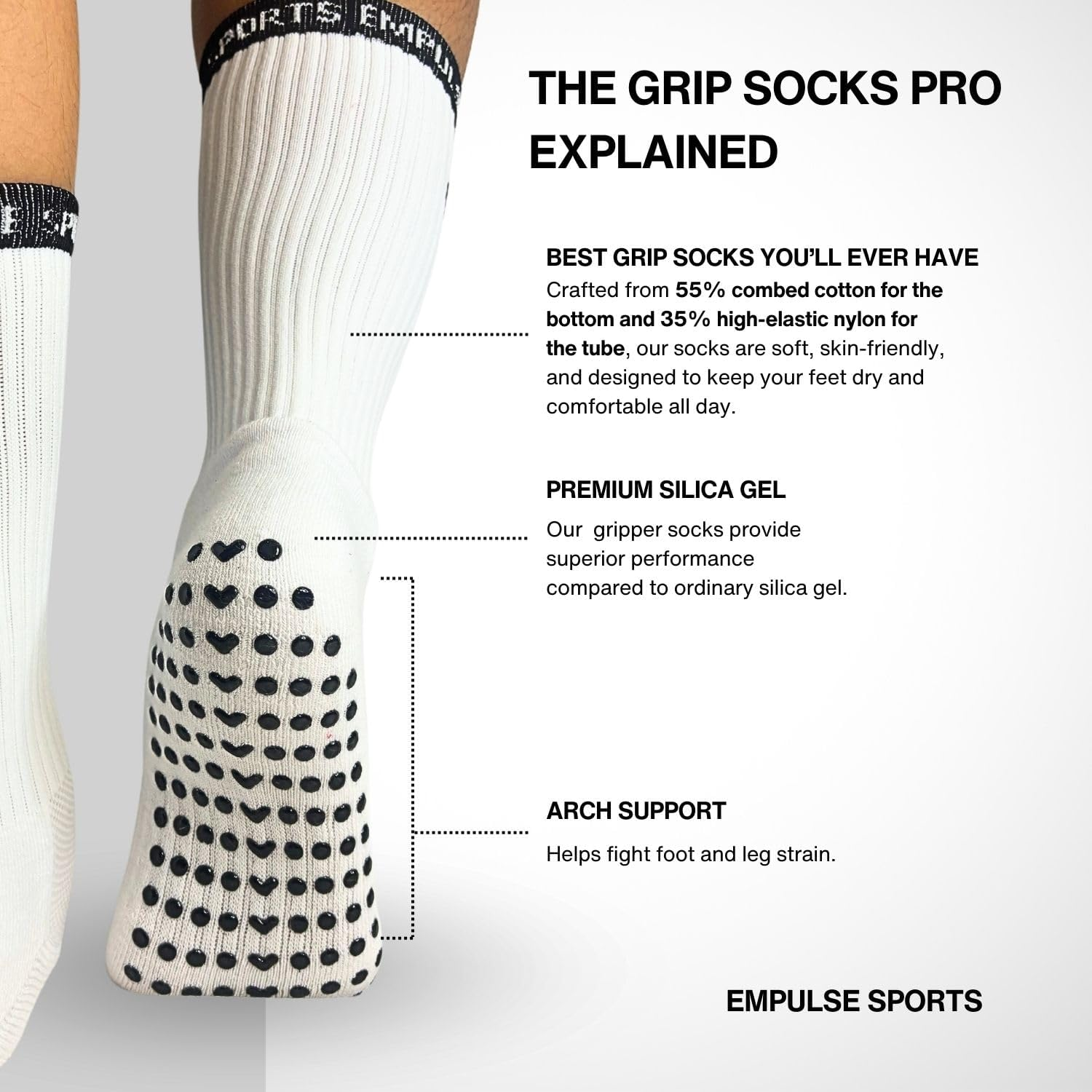 EMPULSE Grip Socks Pro Series | Non-Slip Athletic Socks for Men & Women | Cushioned Arch Support | Moisture-Wicking Gym, Yoga, Soccer, Football, Basketball Socks | Size 8&ndash;13 US - Black image number 2