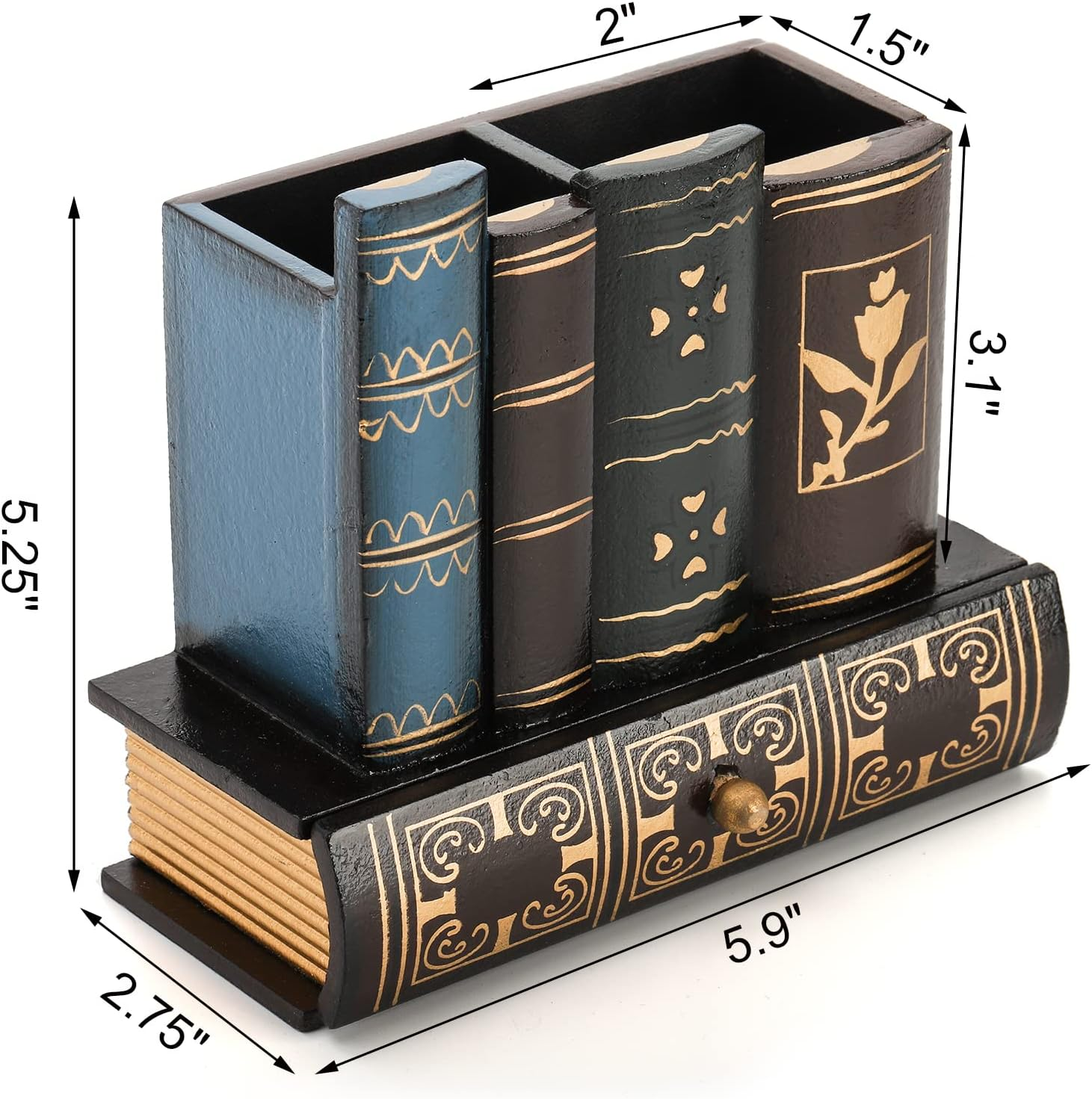 Tosnail Decorative Pen Holder with Storage Drawer, Wooden Pencil Holder Organizer, Antique Library Books Design Pen Cup Caddy, Desk Organizer for Office Supplies, Countertop, Desk, Table Accessory image number 1