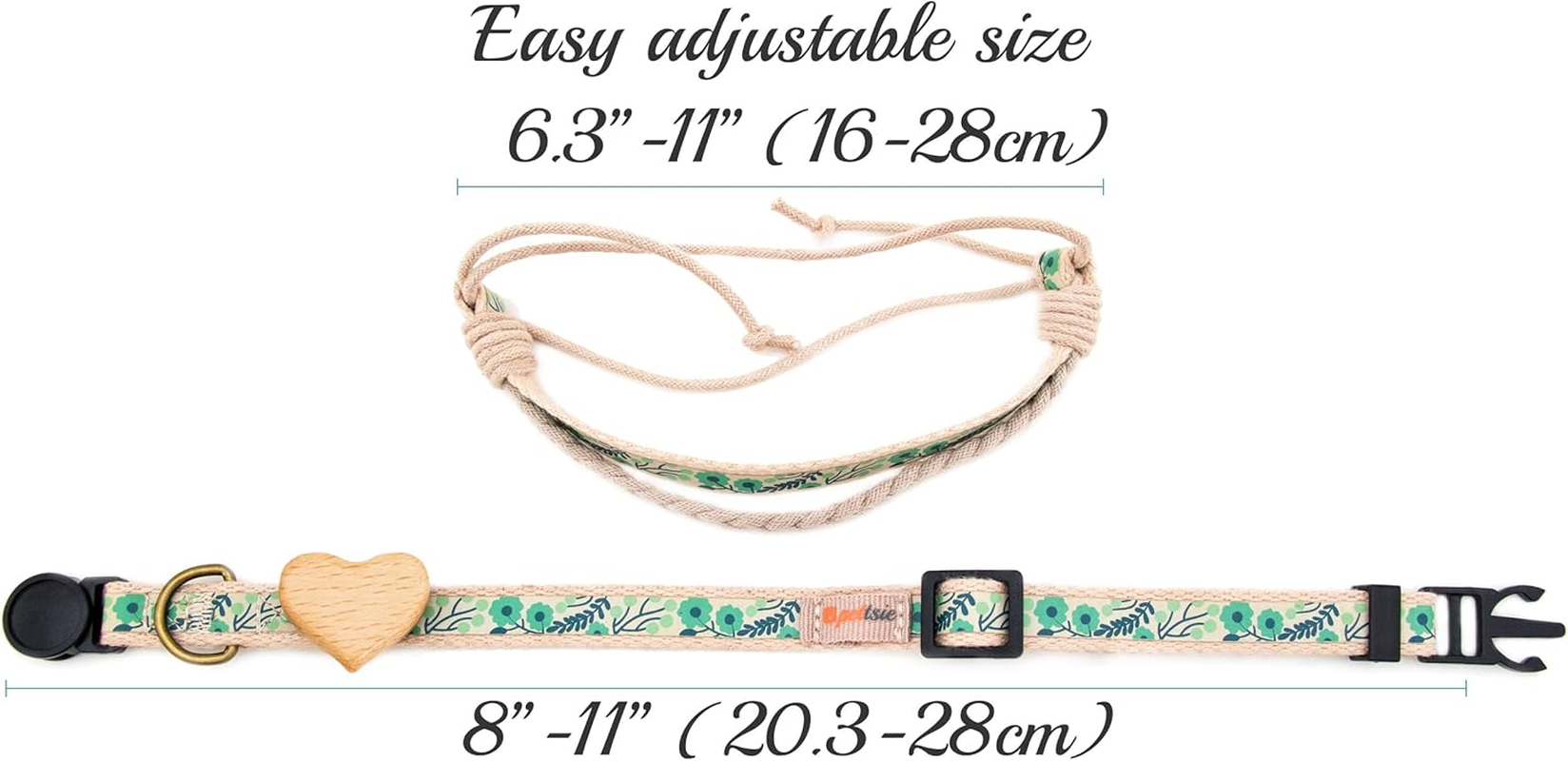 Pettsie Cat Collar Breakaway Safety with Heart and Friendship Bracelet for You, Natural and Soft 100% Cotton for Extra Comfort, Strong and Durable, Easy Adjustable Size 8-11 Inch (Green) - Green image number 3