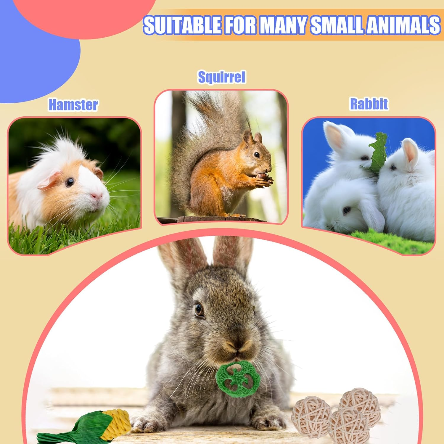 16Pcs Bunny Chew Toy, Rabbits Cage Hanging Chew Toys and Rattan for Guinea Pigs Chinchillas Hamsters Rats and Other Small Pets Teeth Grinding image number 3