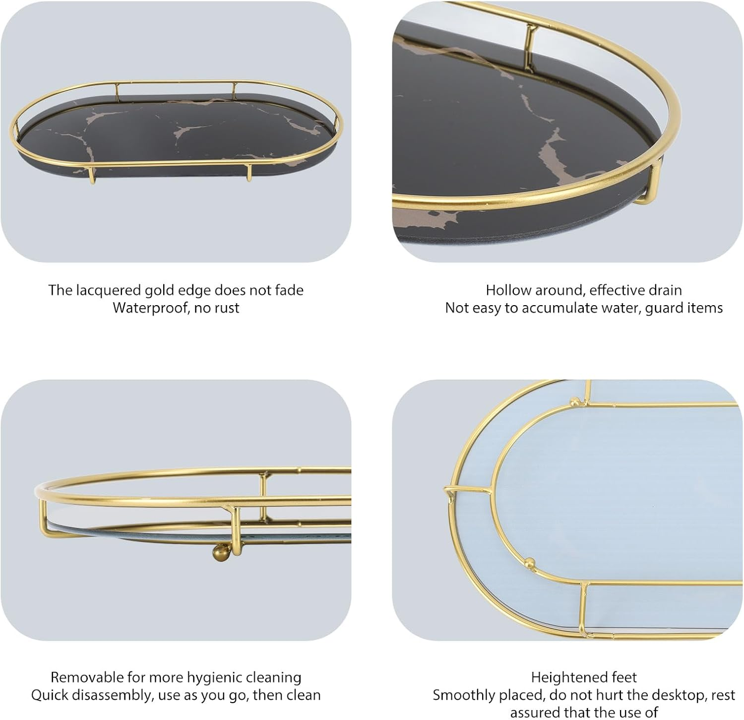 Bathroom Storage Tray Light Luxury Decorative, Golden Texture Oval Bathroom Organiser Tray for Soap Towel Paper Napkins Jewellery Makeup, Bathroom Organiser Tray (Black Base) image number 6