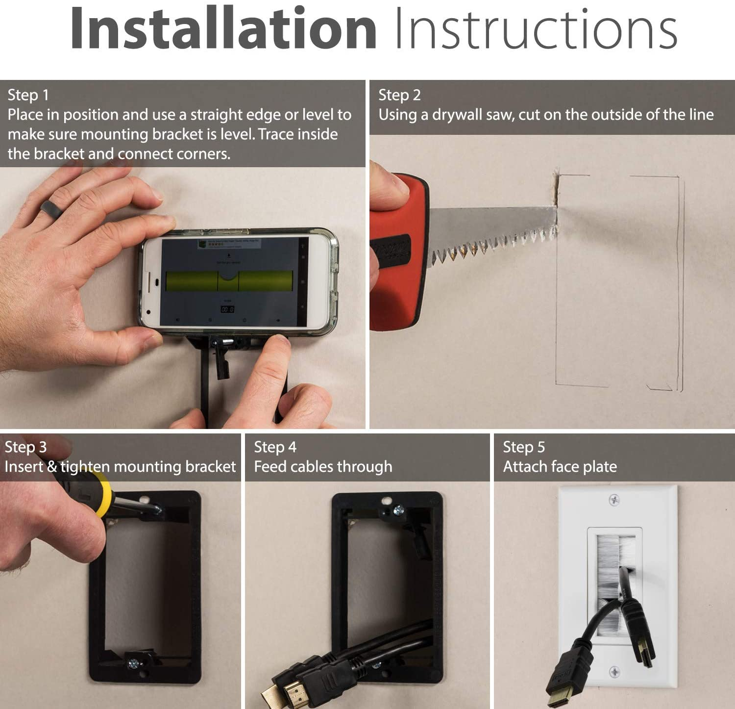 Fosmon (2 Pairs) Single Gang Wall Plate, Brush Style Opening Passthrough Cable Plate with Low Voltage Mounting Bracket image number 6