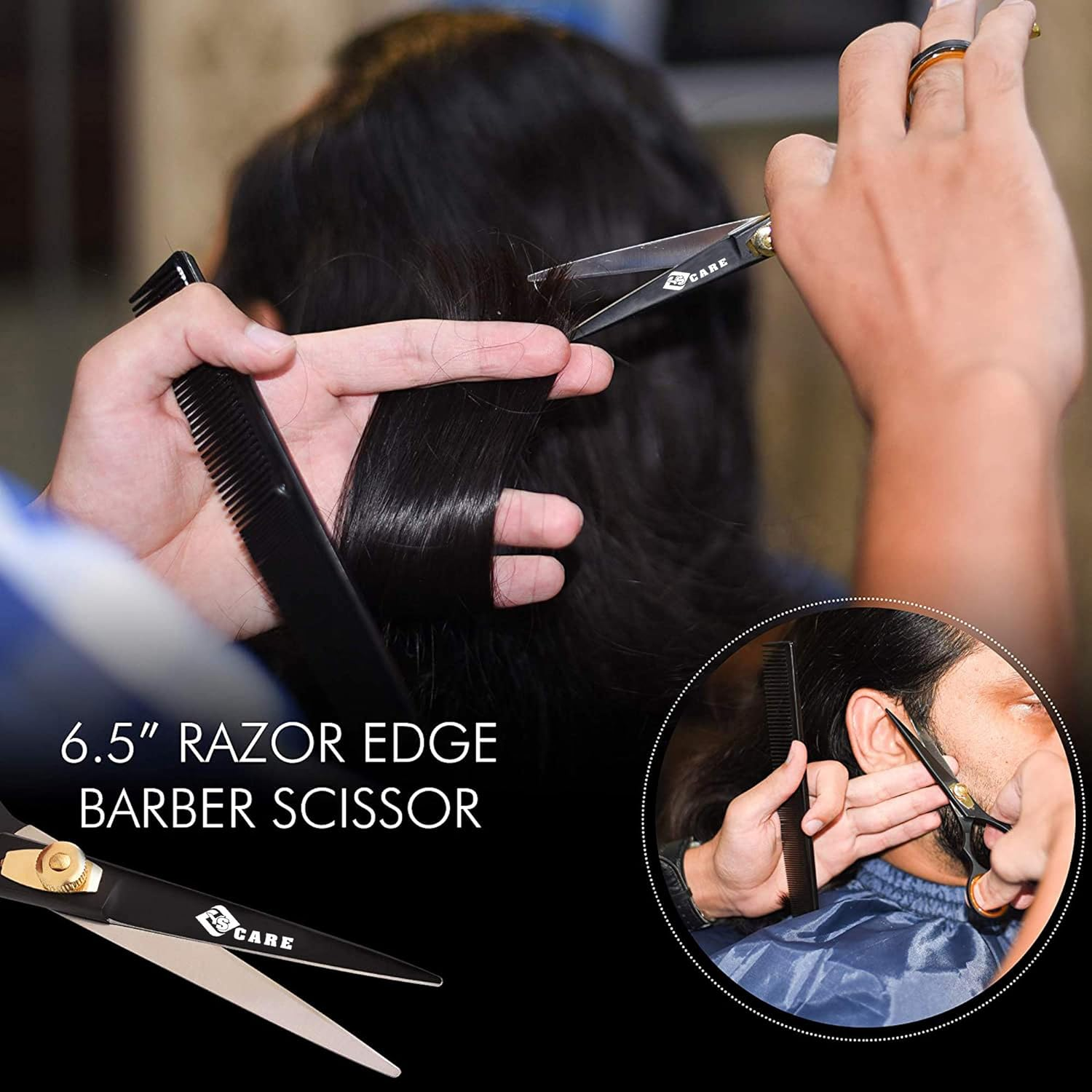 YSCARE Hairdressing Barber Hair Scissor for Professional Hairdressers Barbers Stainless Steel Hair Cutting Shears - for Salon Barbers, Men, Women, Children and Adults 6.5&rdquo; (Straight 6.5") image number 1