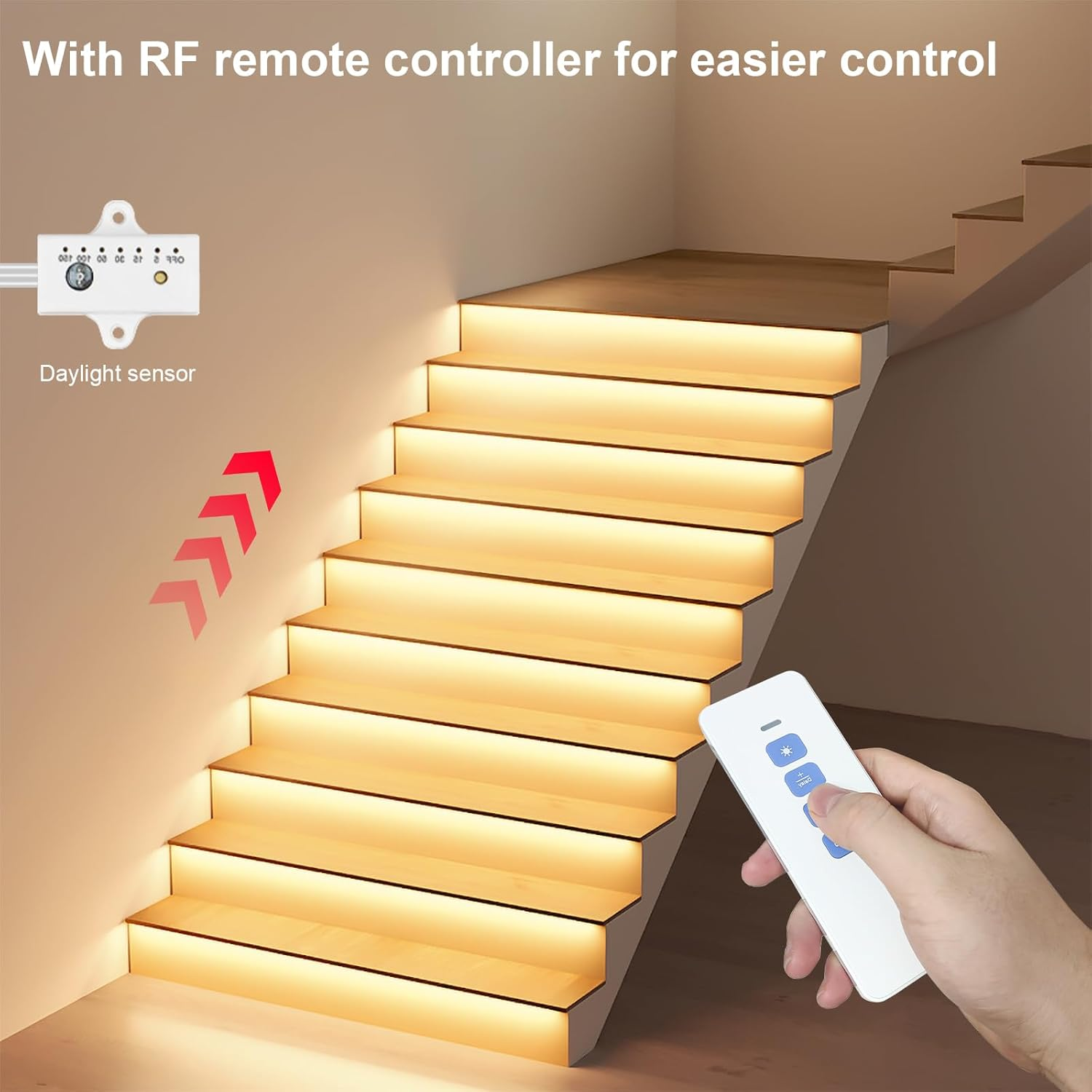 Intelligent Motion Sensor LED Stair Light Kit, Easy Installation with Main Wire, Daylight Sensor & Remote Control, 16 Steps Indoor Staircase Lighting, High Bright Warm White COB Strip CRI>90 image number 2
