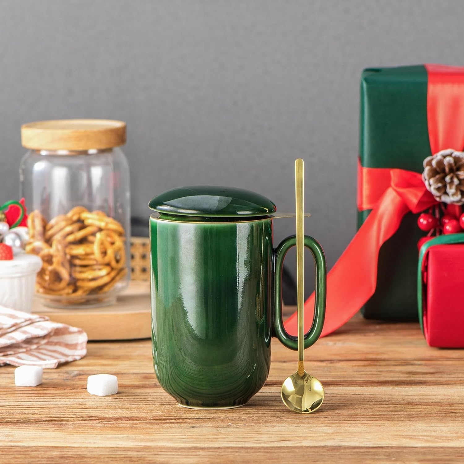 Vicrays Ceramic Tea Cup Mug Infuser Large 16 Oz Hot Loose Steeping Handle Teacup with Leaf Infuser Spoon Lid - Blue Tall Glazed Strainer Coffee Mug Microwave Safe - Green image number 2