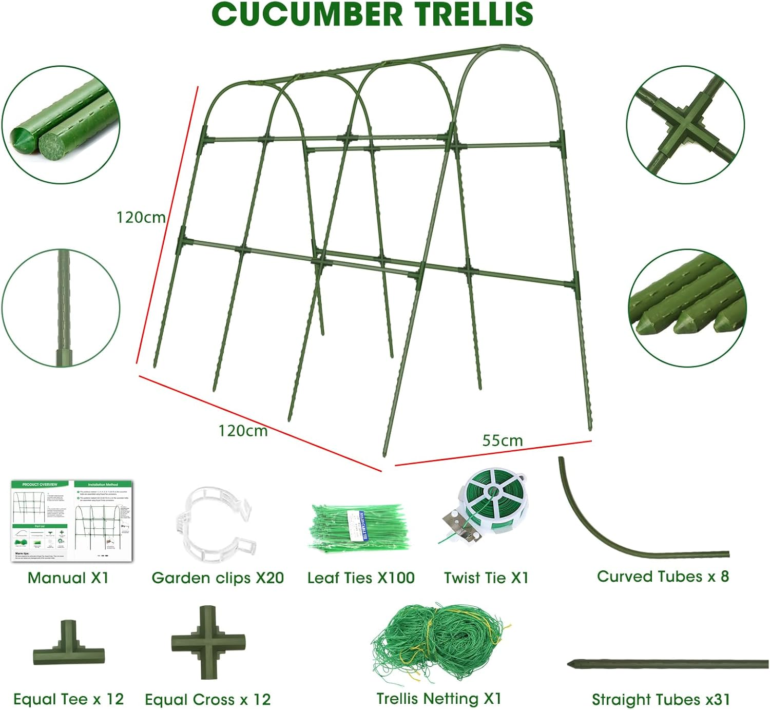 Cucumber Trellis for Raised Bed,U-Shape Garden Trellis for Climbing Plants Outdoor, Metal Arch Vegetables Trellis, Plant Support for Vine (Green, 120X120 X55Cm) image number 2