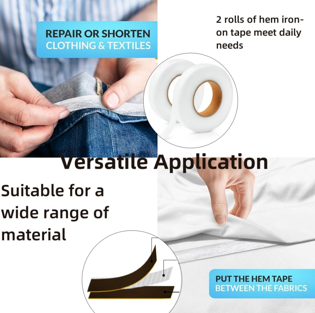 2 Rolls Iron on Hem Tape, Fabric Fusing Hemming Tape - Light Weight Adhesive Web, No Sewing Required,0.6 Inch X 70 Yards,Ironing Adhesive Curtains，Perfect for Bonding and Crafting Projects image number 1