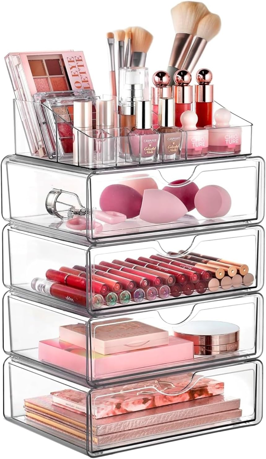 5 Tier Clear Makeup Organizer with Drawer, Beauty Holder for Lipstick Brush Skincare，Cosmetic Storage for Dresser Countertop and Bathroom Vanity (5 Tier) image number 4
