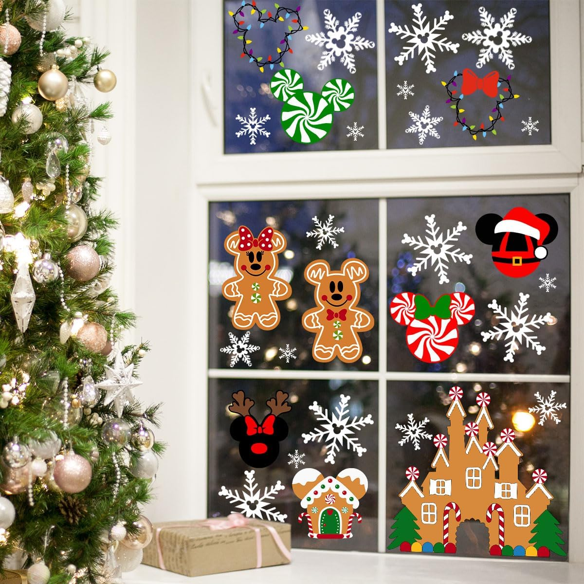 9Sheets Christmas Window Clings Gingerbread Christmas Party Decorations Ginger Bread Man Mouse Castle Snowflake New Year Winter Decor Merry Christmas Decals for Office Home Hotel Decorations image number 2